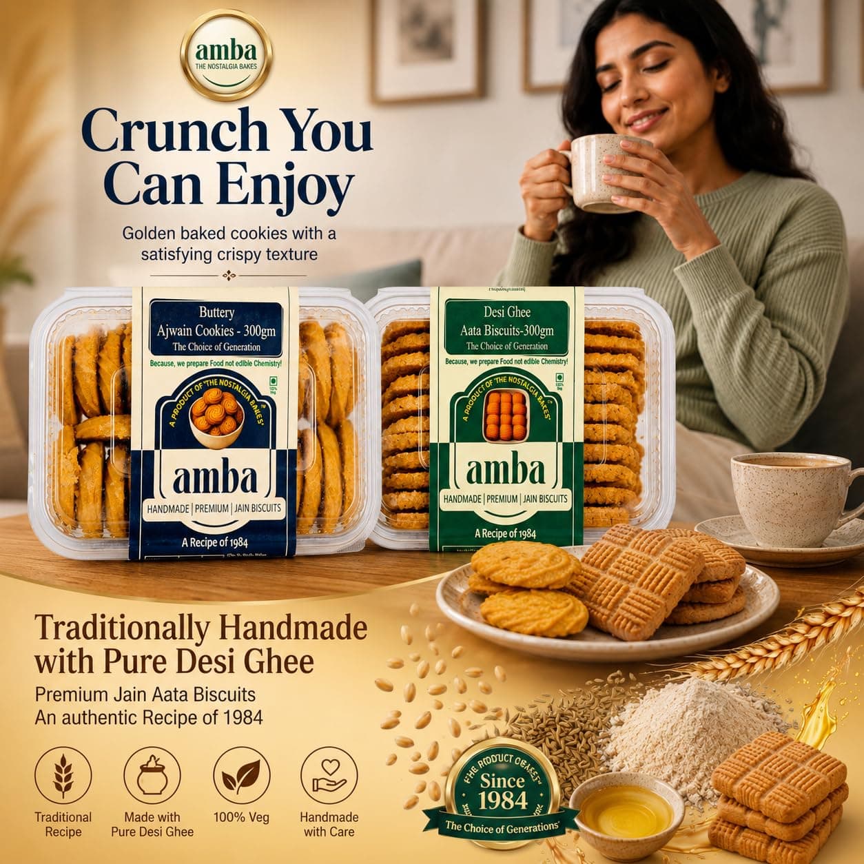 Amba Handmade Premium Jain Biscuits Combo | Buttery Ajwain Cookies & Desi Ghee Aata Biscuits | Traditional Bakery Style Cookies | 300g Each — image 5