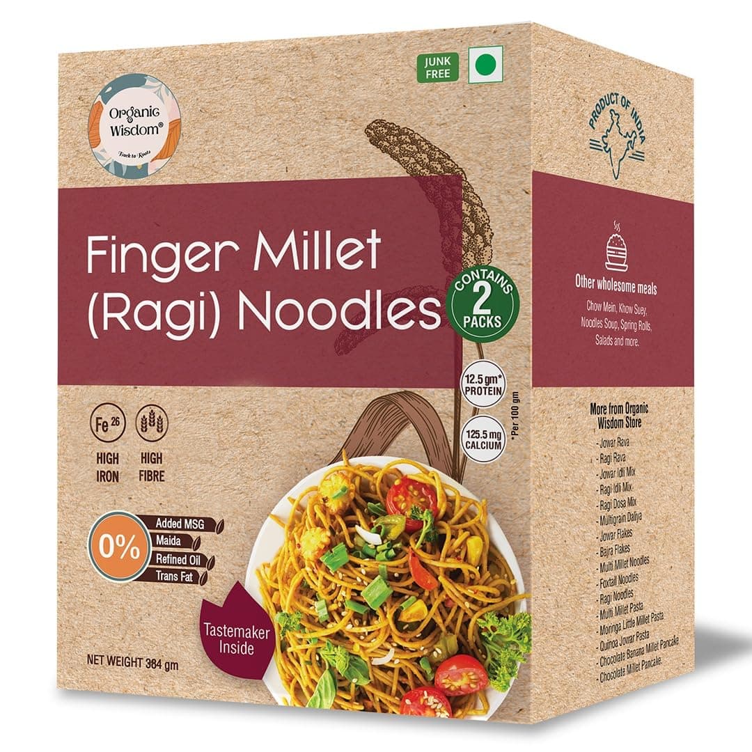 Organic Wisdom Ragi Noodles (Finger Millet) | Healthy Millet Noodles, Pack of 2 – 192g Each | No Maida, Not Fried, Sun Dried | No MSG, No Junk | High Calcium, Iron & Protein | Tastemaker Inside