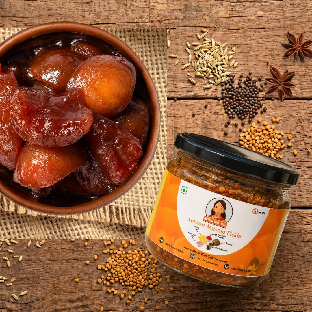 Achar Wali Didi Lemon Masala Pickle in Fresh | Indian Homemade Nimbu ka Achar with No Onion & Garlic | Sour and Salty Oil-Free Pickle | Traditional Didi's-Style Recipe | Organically Processed (300g) — image 2