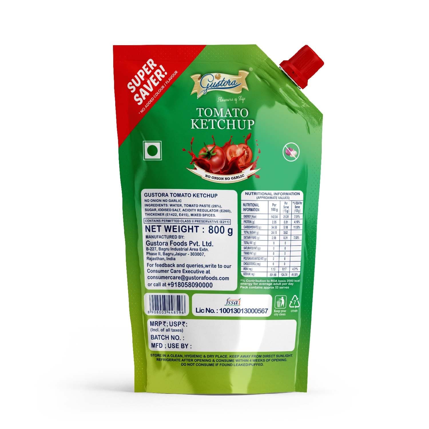 Gustora Real & Natural Rich & Flavourful No Onion no Garlic Jain Tomato Sauce I Super Saver Sweet & Tangy Jain Tomato Ketchup Combo I Non-GMO I Gluten Free I Vegetarian (800 gm) — image 2