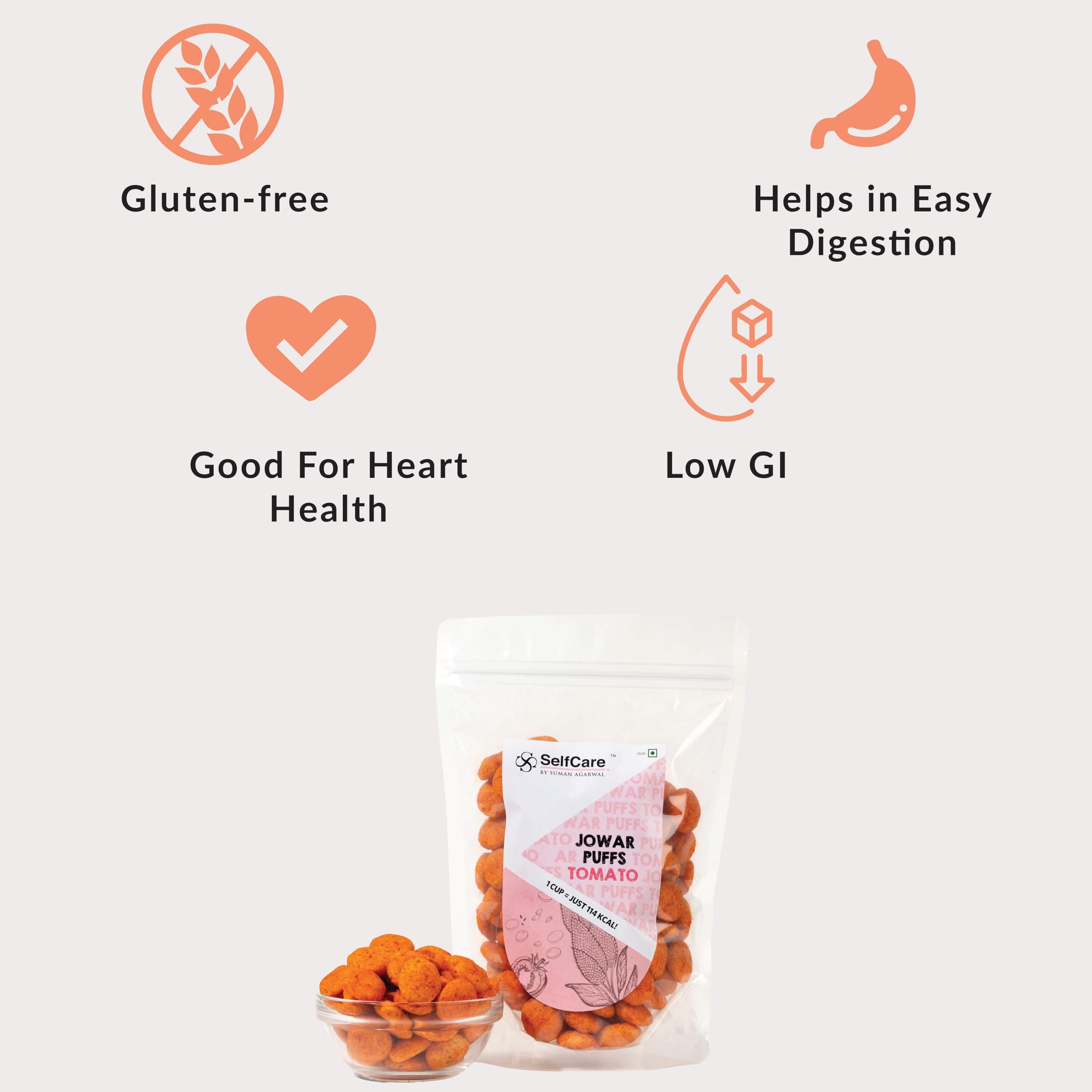 SelfCare By Suman Agarwal Jowar Puff - Tomato - 75g (Pack of 1) | Roasted | No Added Artificial Flavors or Preservatives | Savoury - Snacks - Namkeen - Grocery | Vegan - Jain - Travel Friendly | — image 3
