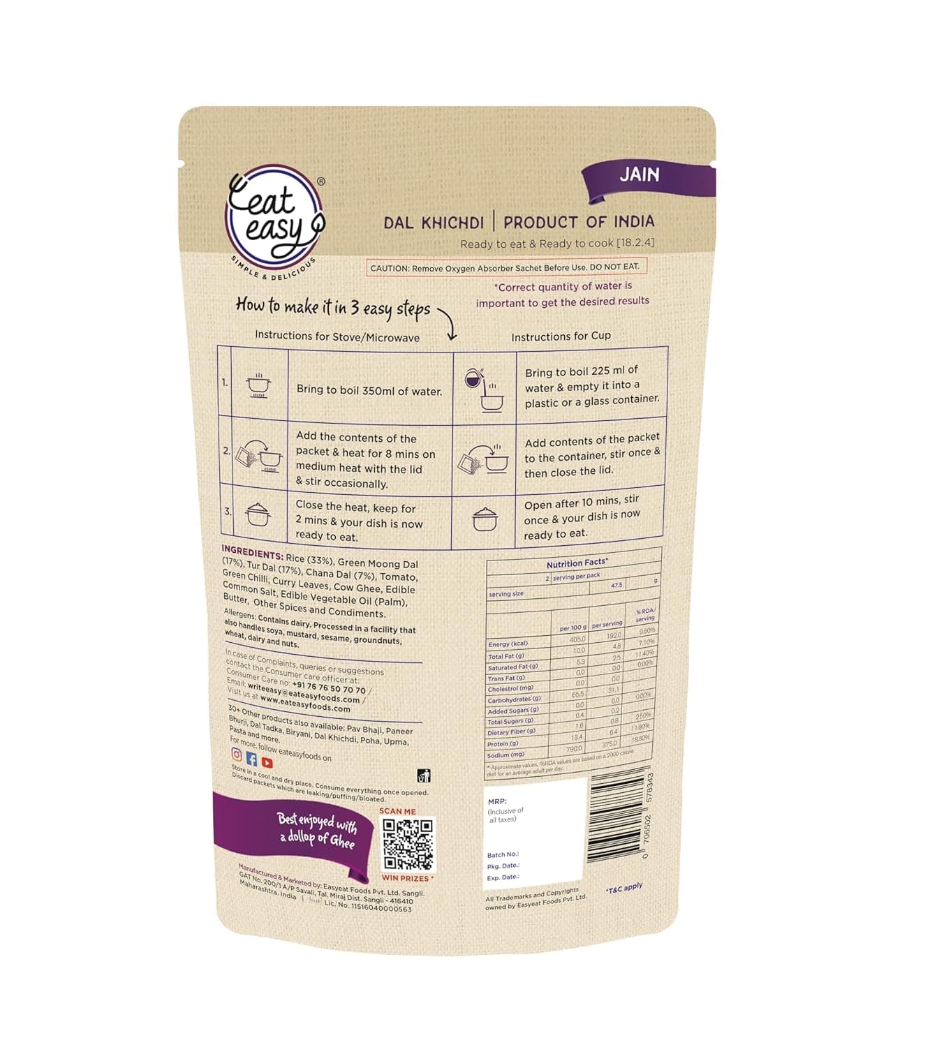 Eat Easy Ready To Eat Jain Dal Khichdi, 92gm (Pack of 2) | Light on Stomach High Protein & Fiber, Freeze Dehydrated Healthy Instant Food for Travel, Office | No Preservatives | No Onion, No Garlic | Just Add Water and Cook — image 3