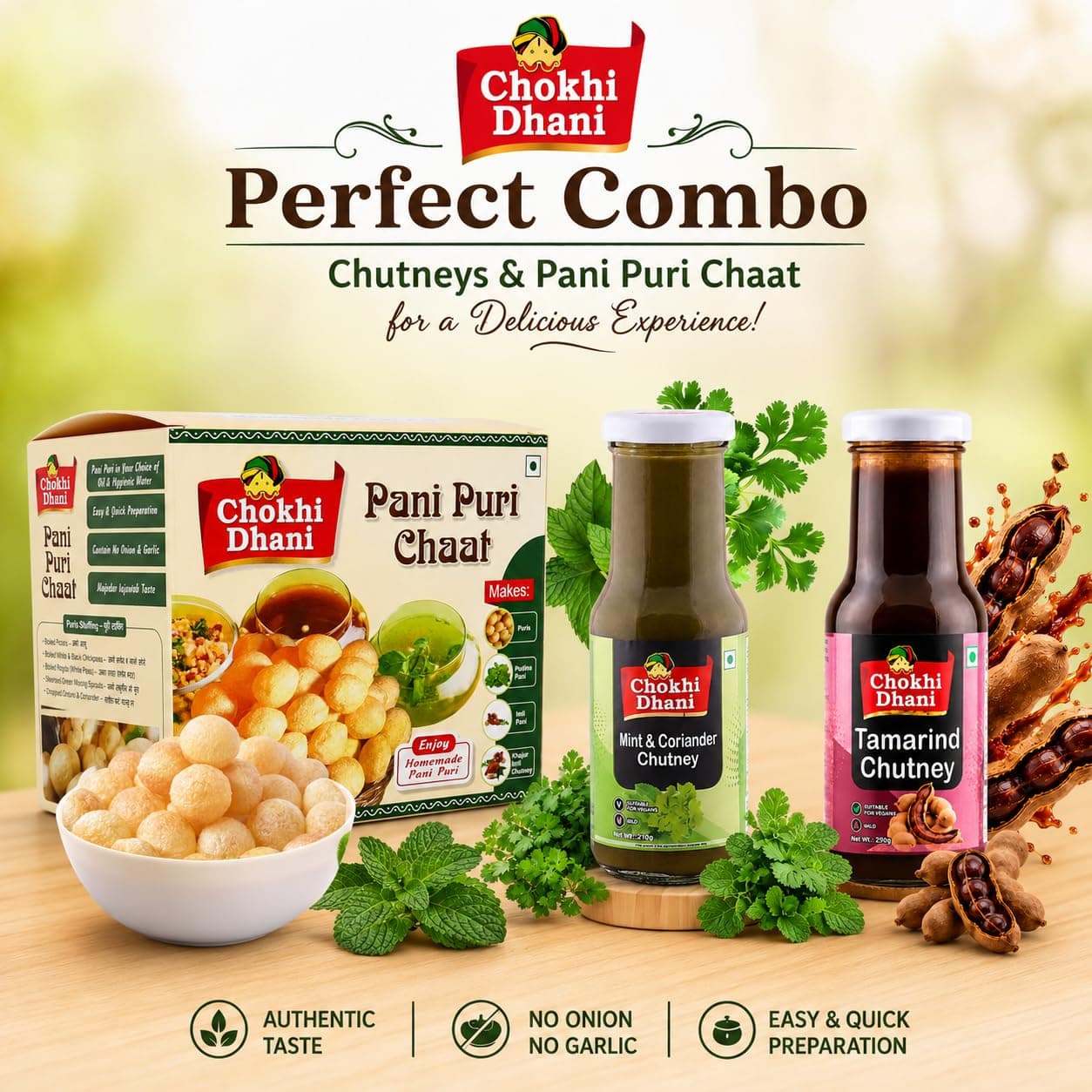 Chokhi Dhani Pani Puri Chaat Kit with Mint & Coriander Chutney (210g) & Tamarind Chutney (250g) | Crispy Flat Puris, Pudina Pani & Imli Chutney | No Onion No Garlic — image 4