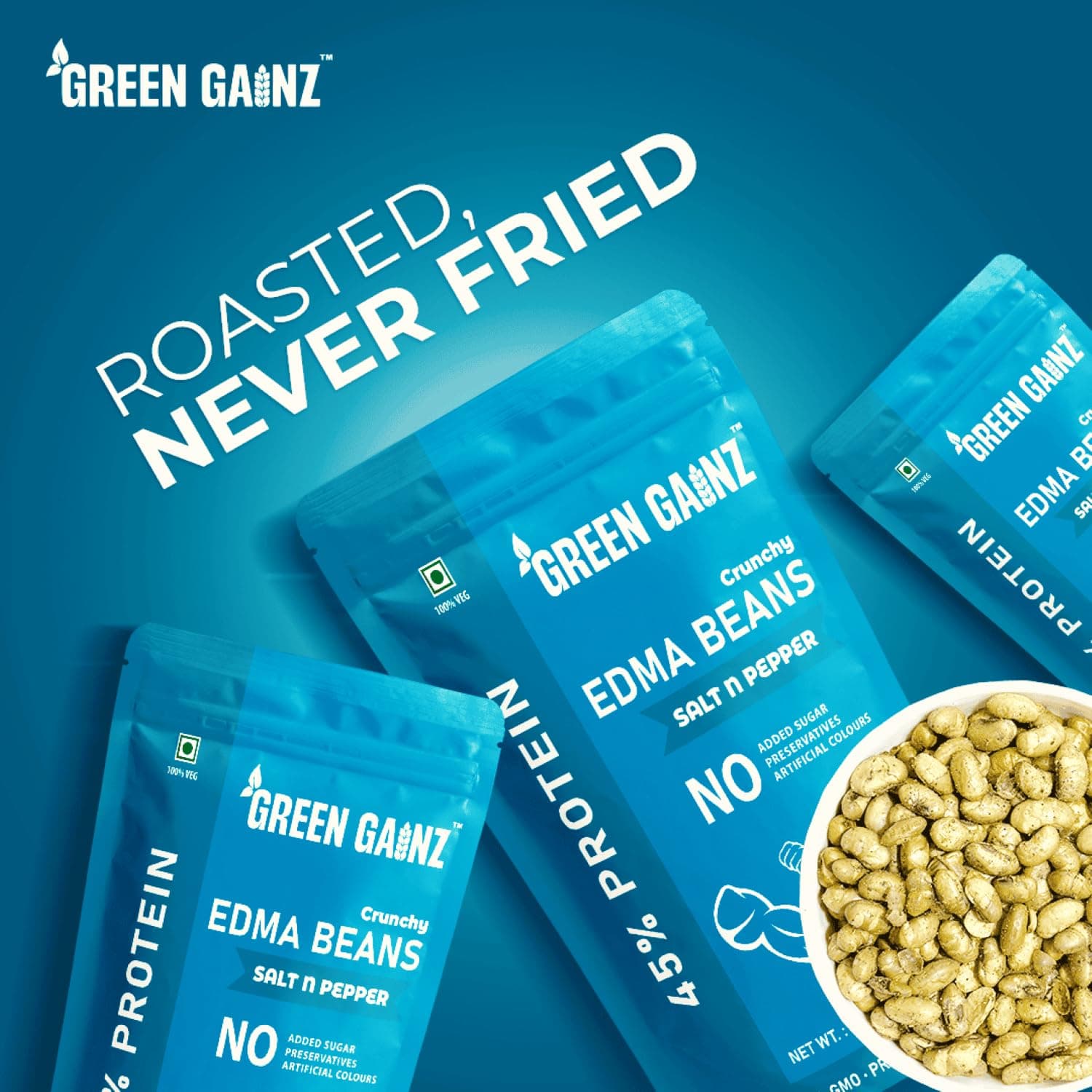 Green Gainz Roasted Edamame Salt n Pepper Flavour 100gm | Healthy Namkeen Snacks | Vegan | High Protein Snack | Weight Loss Friendly | No Palm Oil | Roasted, Not Fried — image 5