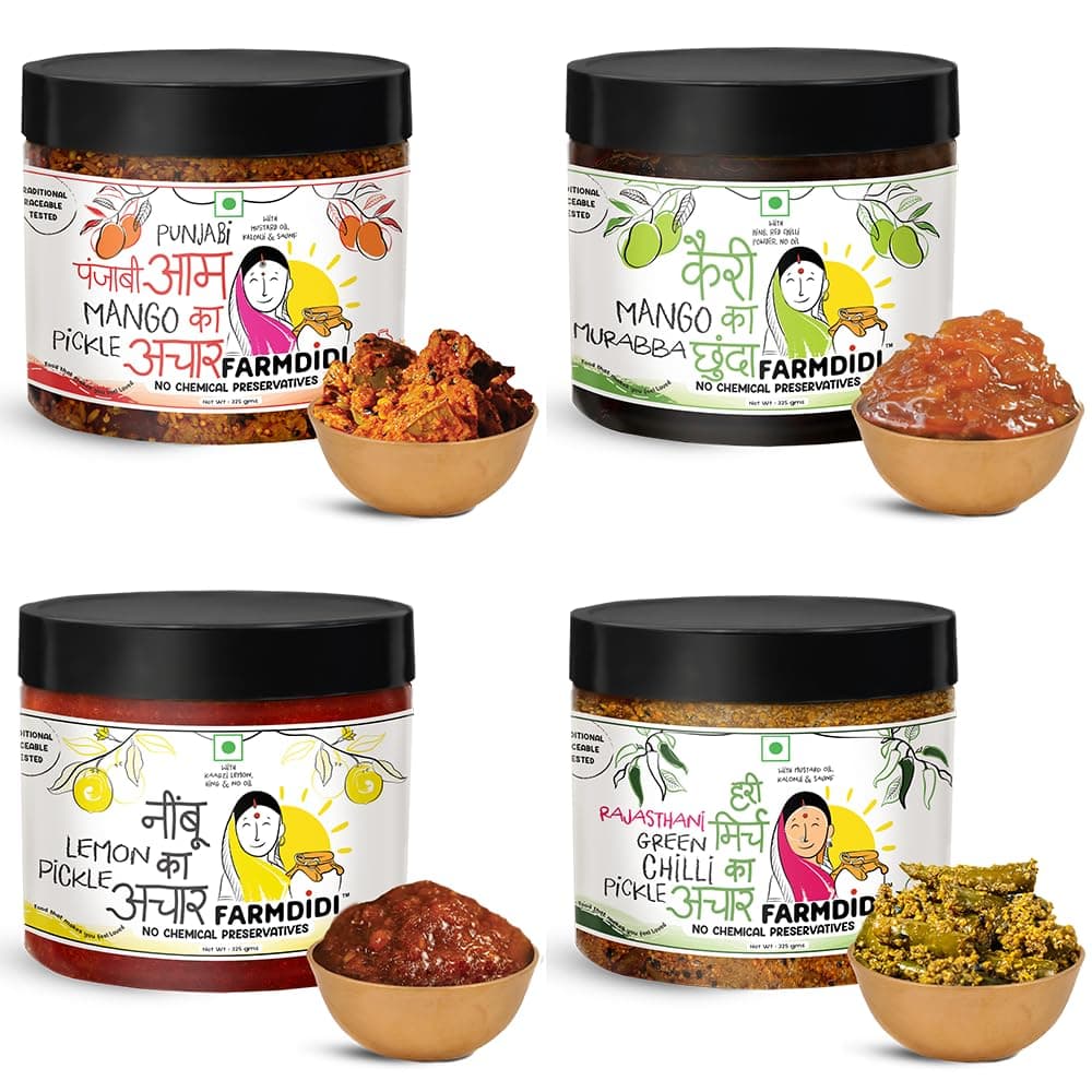 FarmDidi Jain-Friendly Pickle Combo – Pack of 4 x 325g | Punjabi Mango, Mango Chunda, Crushed Lemon & Rajasthani Green Chilli Pickles | No Onion & Garlic | Homemade | Less Oil | Preservative-Free — image 4