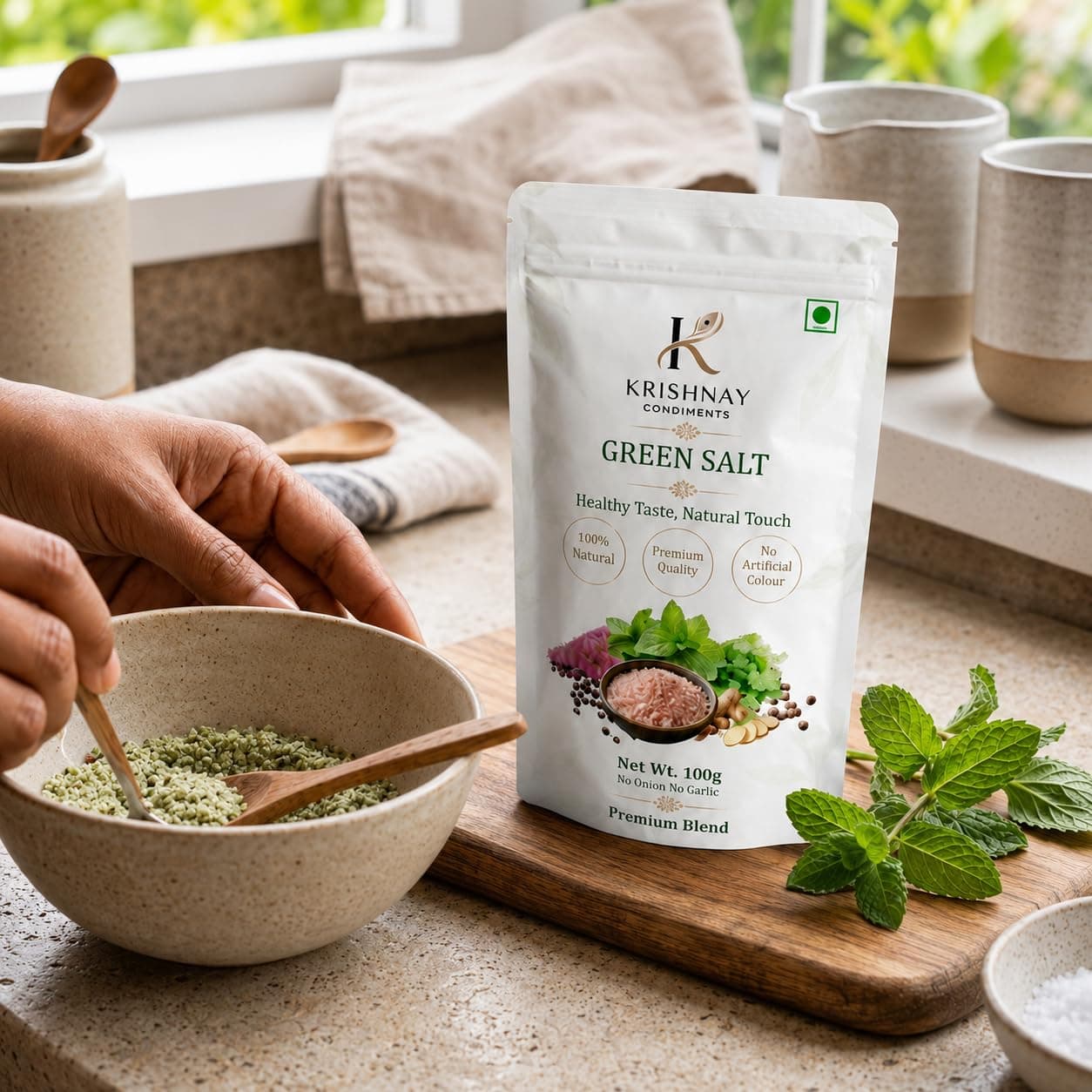 KRISHNAY Condiments Natural Green Salt Seasoning 100g | Herbal Mineral Salt Blend with Mint, Coriander & Spices | No Onion No Garlic Flavoured Salt Mix | Natural Masala Salt for Chaat, Salad, Fruits & Buttermilk — image 2