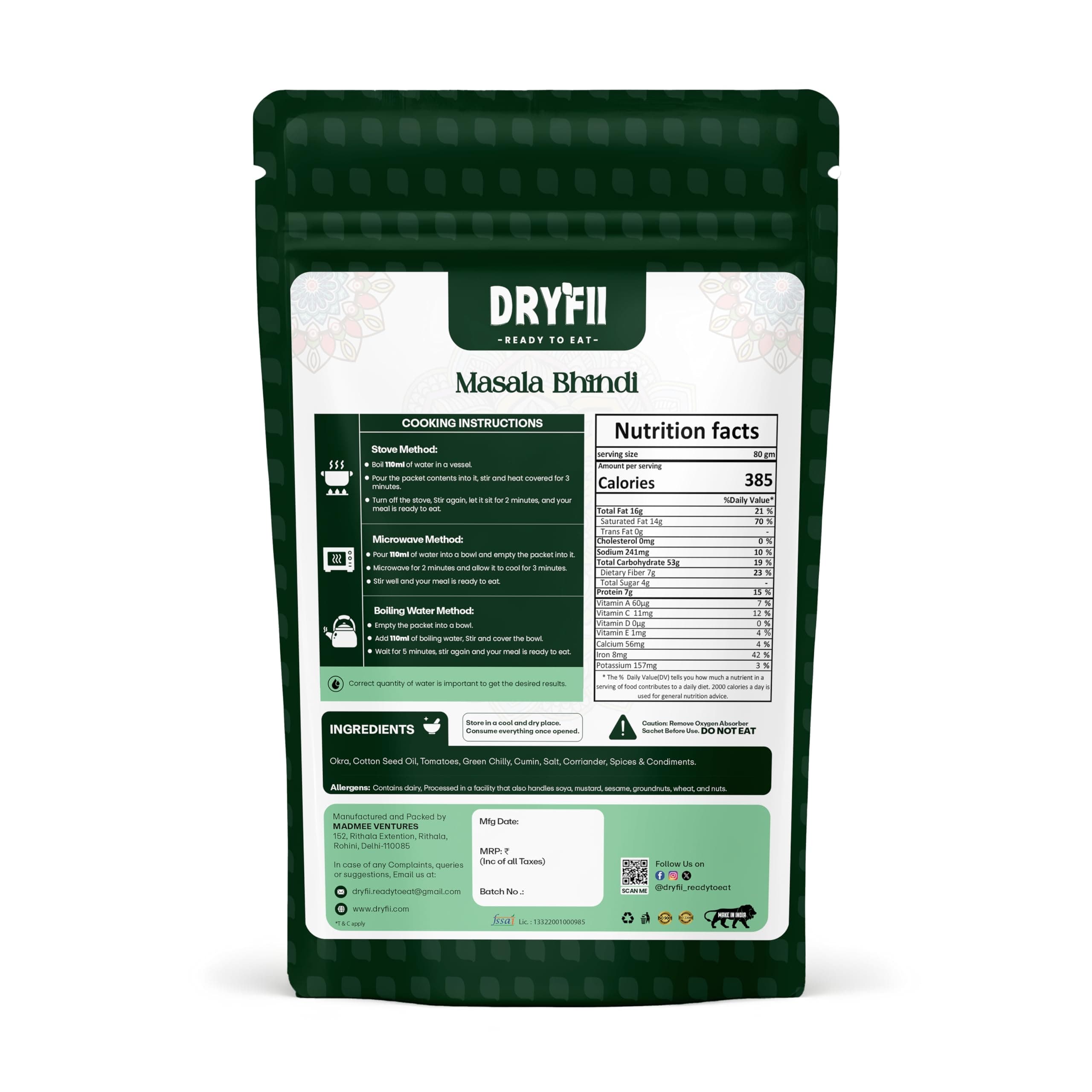 Dryfii Ready to Eat Laccha Paratha (5 Pieces, 1 Pack) & Jain Masala Bhindi Combo | Freeze Dried | Home Cooked Style Meal | Pure Veg — image 3