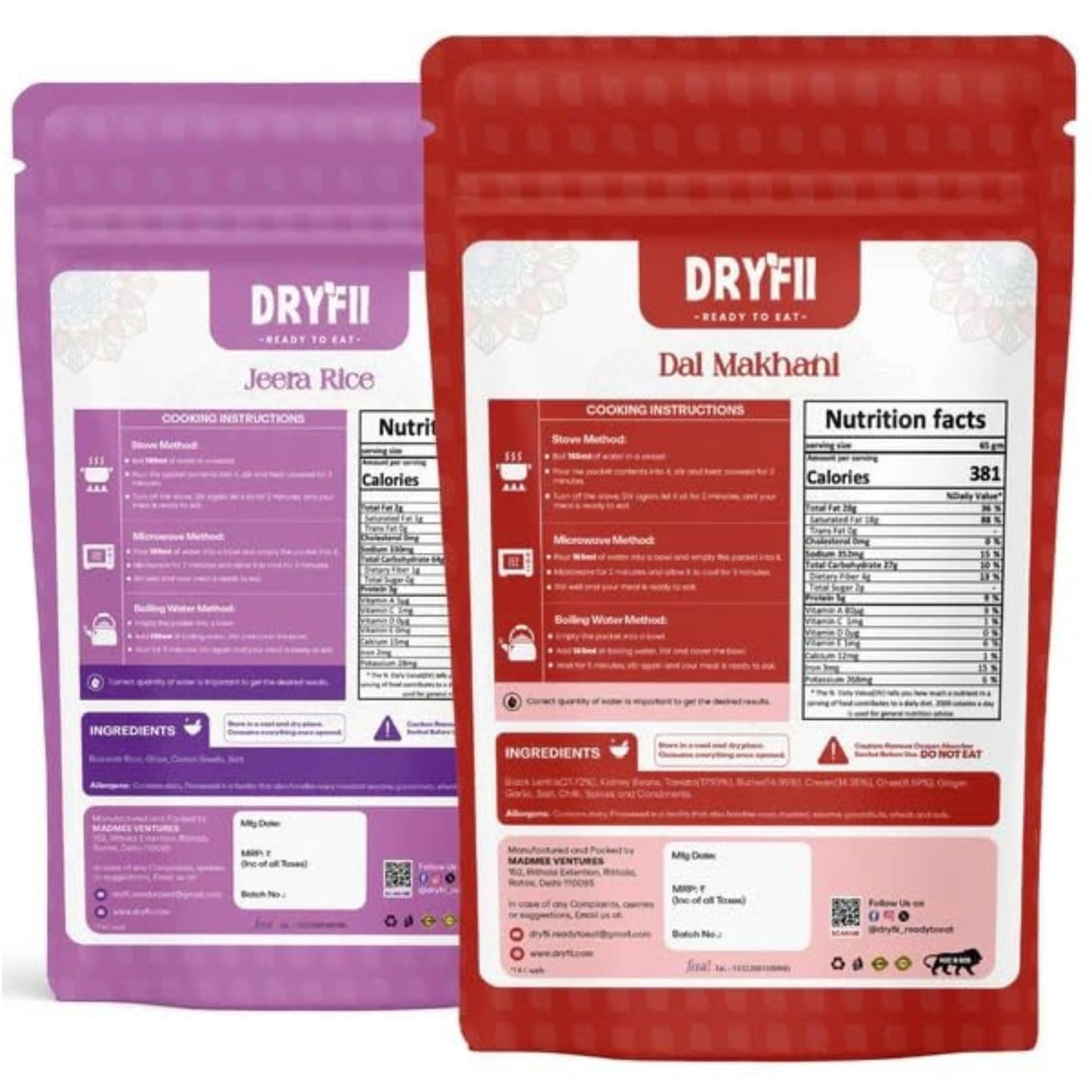 Dryfii Ready-to-Eat Instant | Jain Dal Makhani & Jeera Rice | Pure Veg | Freeze Dried | No Onion, No Garlic | Rehydrated Weight 450 g — image 2