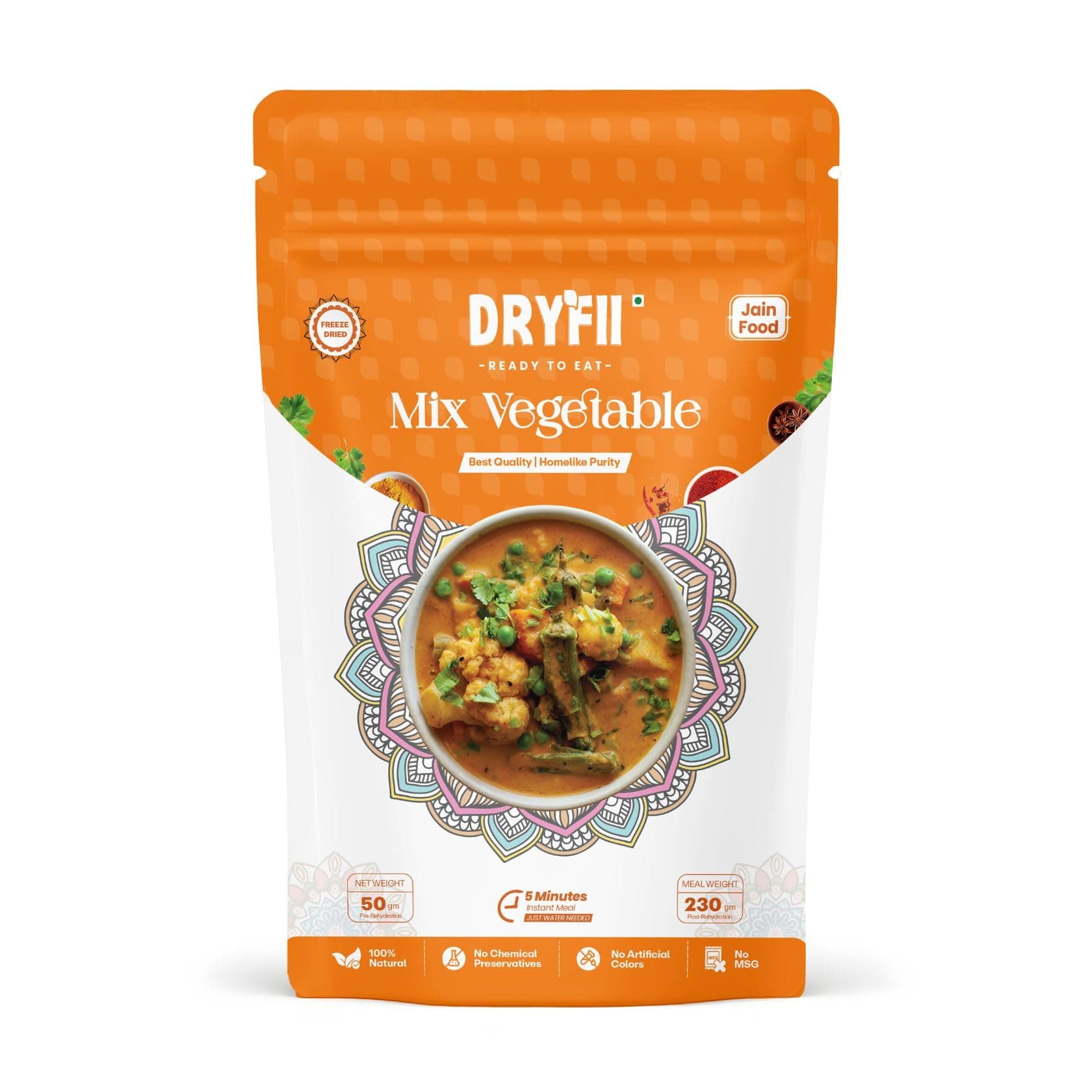 Dryfii Ready-to-Eat Instant Jain Mix Vegetable | Pure Veg | Freeze Dried | No Onion, No Garlic | Rehydrated Weight 230 g