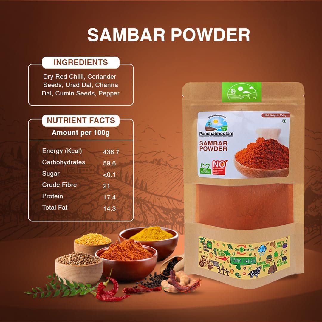 Panchabhootani Sambar Powder 200g : South Indian Authentic Flavour,Easy Digestion - Vegan, No Garlic, No Onion,Delicious Sambar At Home, No Preservatives — image 3