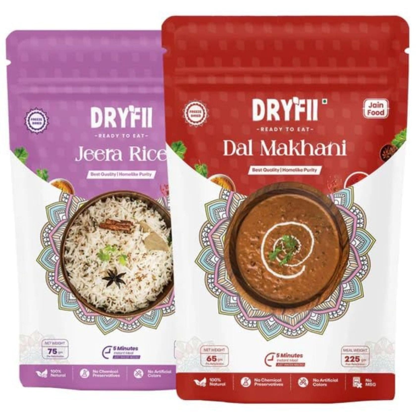 Dryfii Ready-to-Eat Instant | Jain Dal Makhani & Jeera Rice | Pure Veg | Freeze Dried | No Onion, No Garlic | Rehydrated Weight 450 g