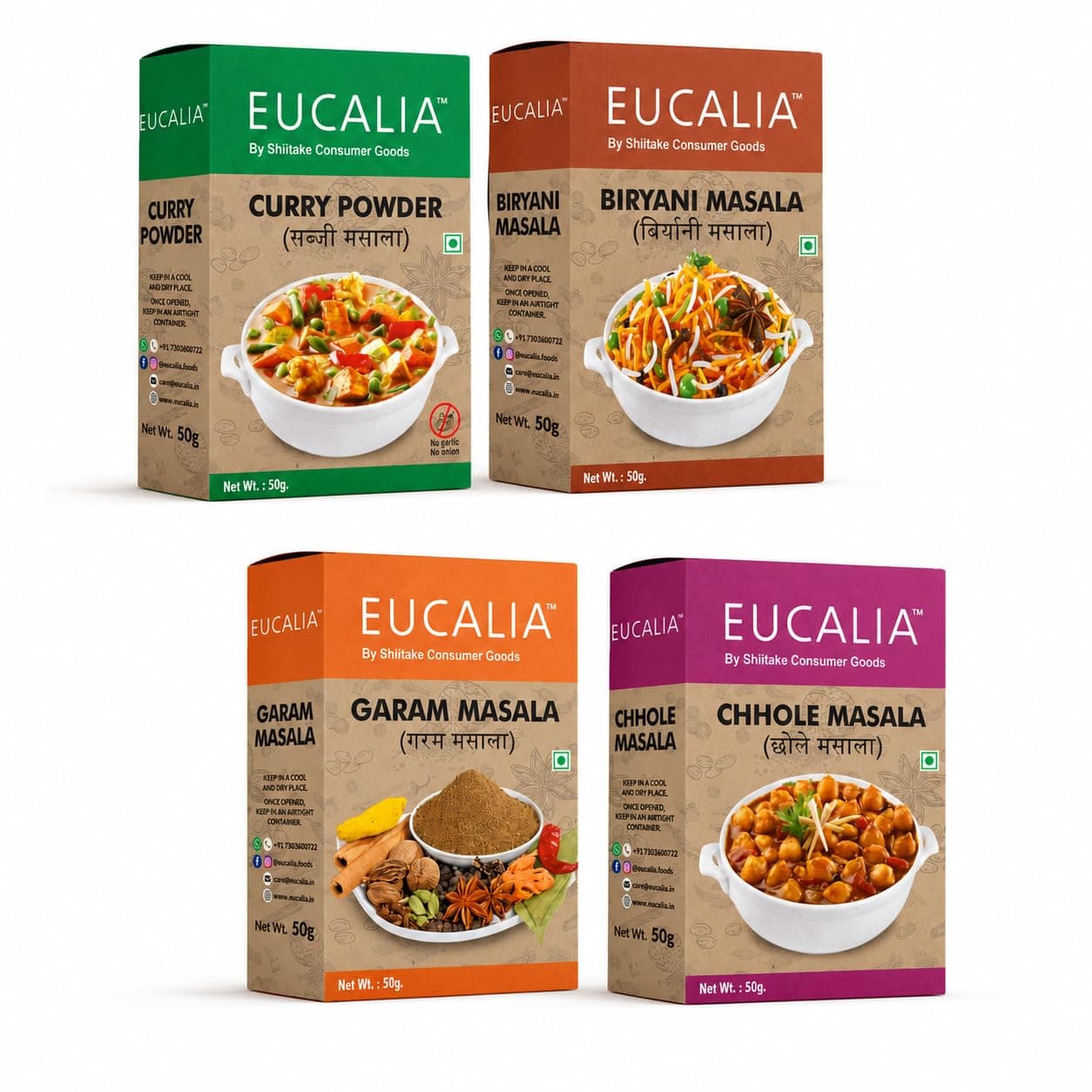 EUCALIA SATTVIK (No Onion No Garlic) Masala Range | Curry Powder (Sabji Masala), Biryani Masala, Garam Masala & Chhole Masala Combo (50g Each)| No Preservatives, No Added Colours, No Artificial Flavours — image 2