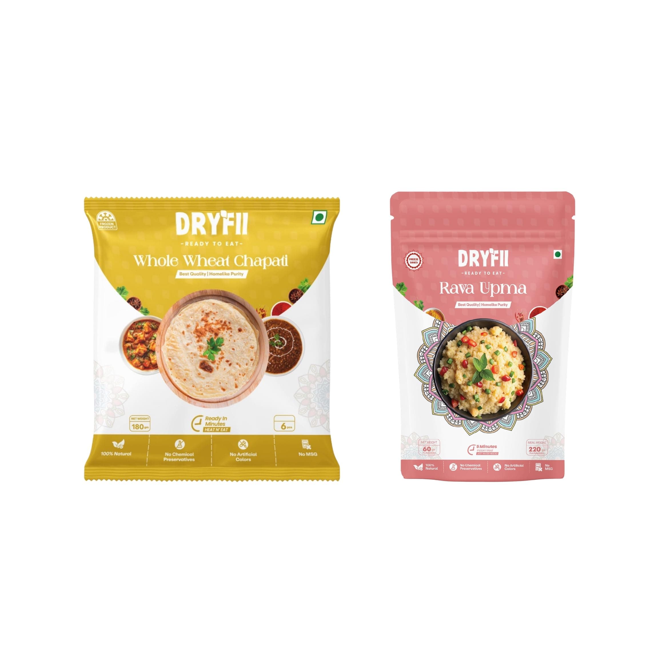 Dryfii Ready-to-Eat Chapati (6 Pcs | 1 Pack) with Jain Upma | No Onion No Garlic Light Meal | Healthy Instant Indian Food | Travel Friendly Breakfast & Lunch Pack | Pure Vegetarian