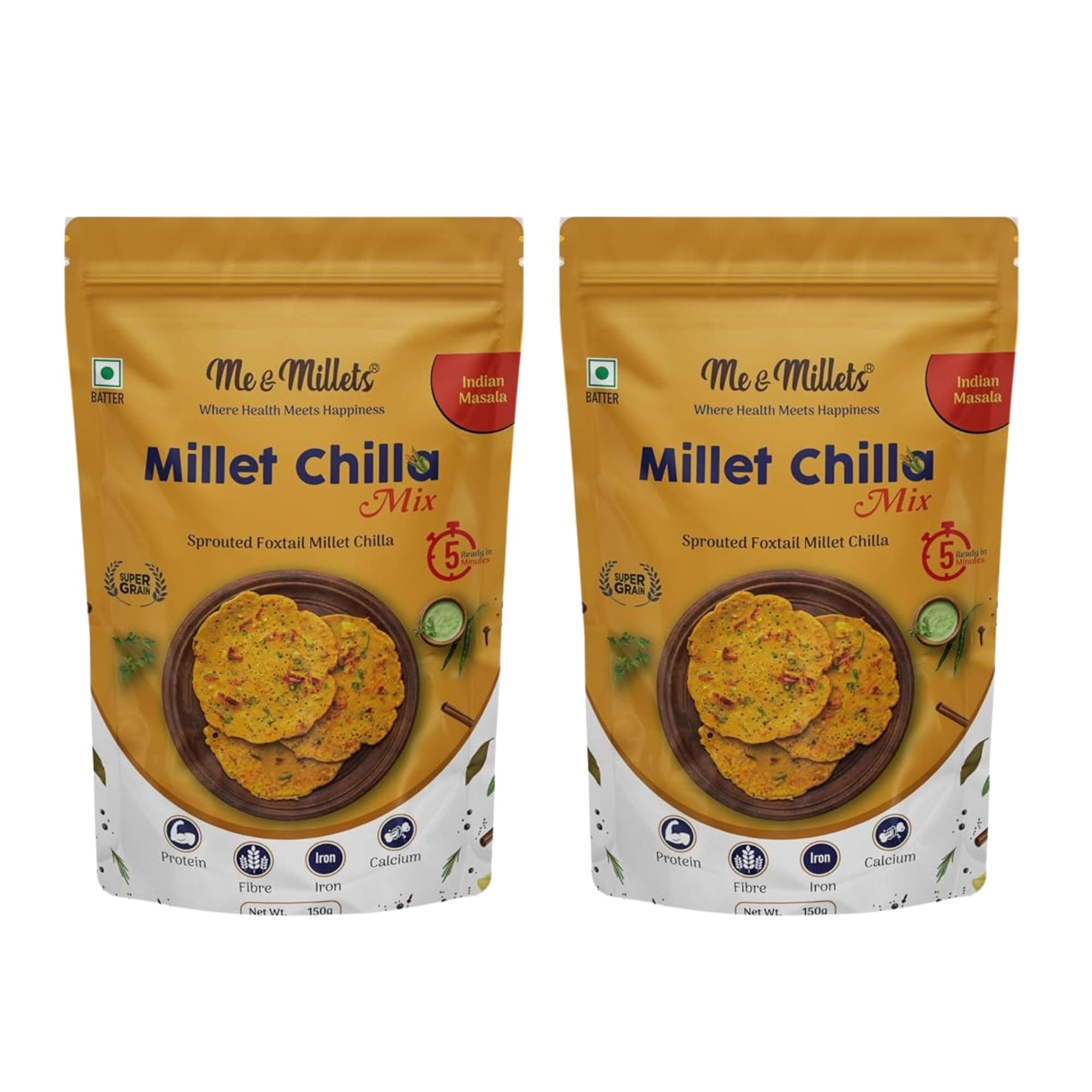 ME & MILLETS Sprouted Foxtail Millet Chilla Mix Combo (150gX2) - Indian Masala, No Preservatives, No Palm Oil, Natural Healthy Protein & Fiber-Rich Breakfast For Kids & Family (Jain Friendly) — image 2