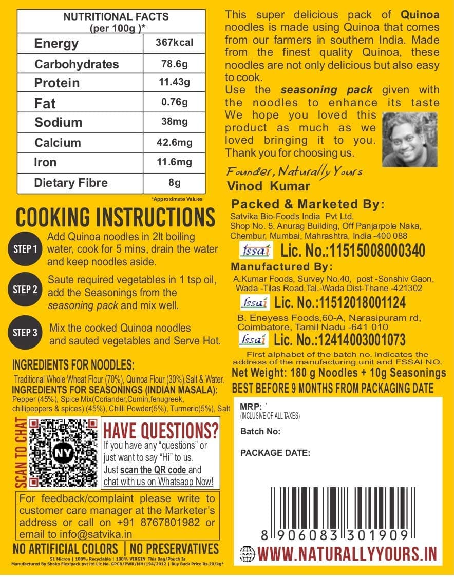 Naturally Yours Quinoa Hakka Noodles | Made with Quinoa & Whole Wheat | No Maida, No Onion No Garlic, 100% Jain Friendly, Non-Fried, Vegan, Preservative Free, No MSG | High Protein & Fiber | Tastemaker Included | 180g (Pack of 2) — image 4