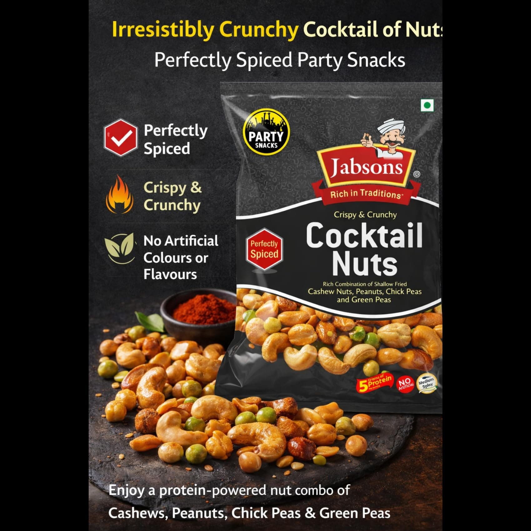 Jabsons Cocktail Nuts - 120g | Crunchy Party Namkeen Snack Mix | No Onion No Garlic, Healthy, Protein Snack, Indian Munchies | Zero Transfat & Cholestrol | Anytime Snacking — image 3
