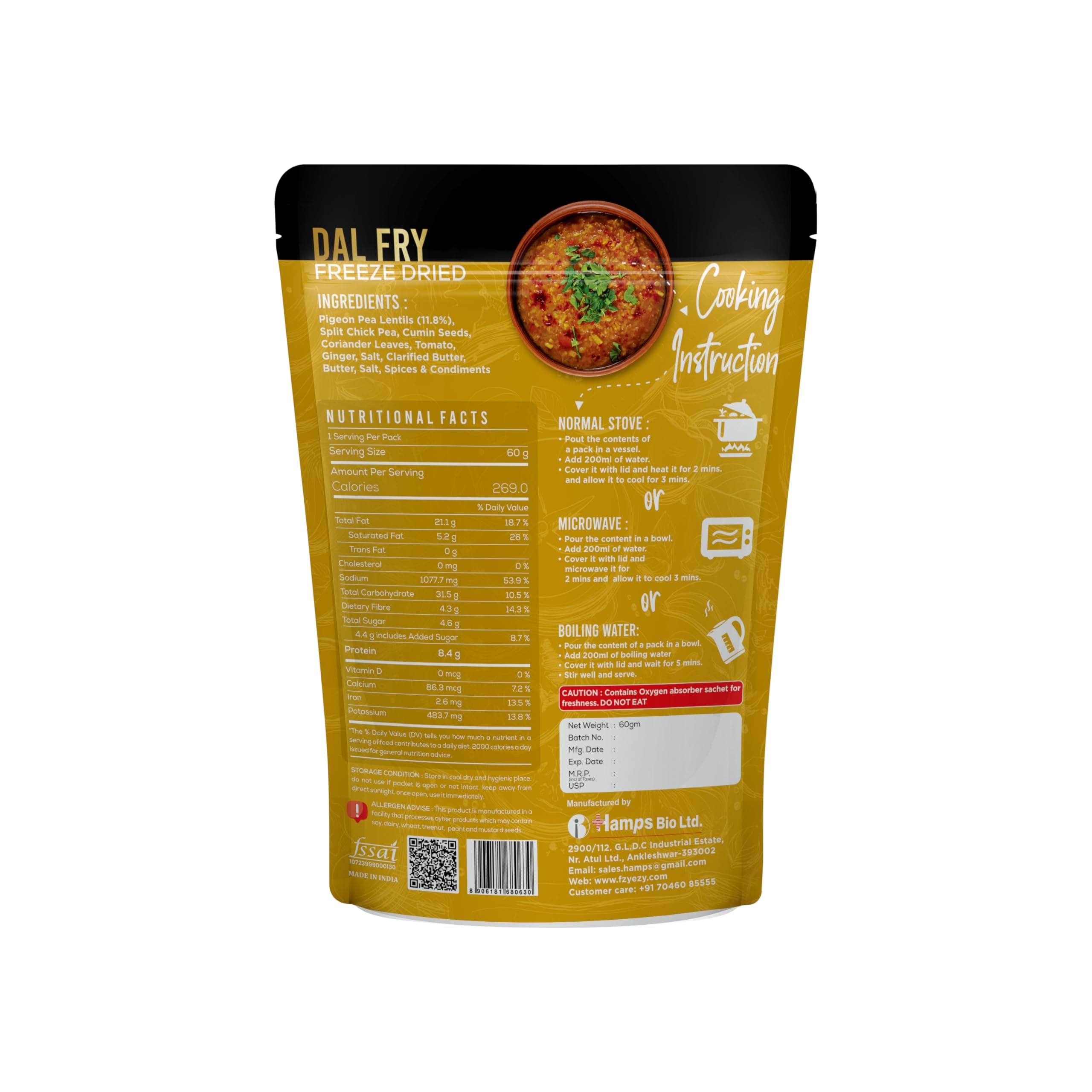 Jain Dal Fry | Freeze-Dried | 100% Natural Ready to Eat Meal | Authentic Indian Taste | Preservative-Free, Gluten-Free & No Trans Fat | Instant Meal – Add 200ml Hot Water | 60gm Pack — image 2