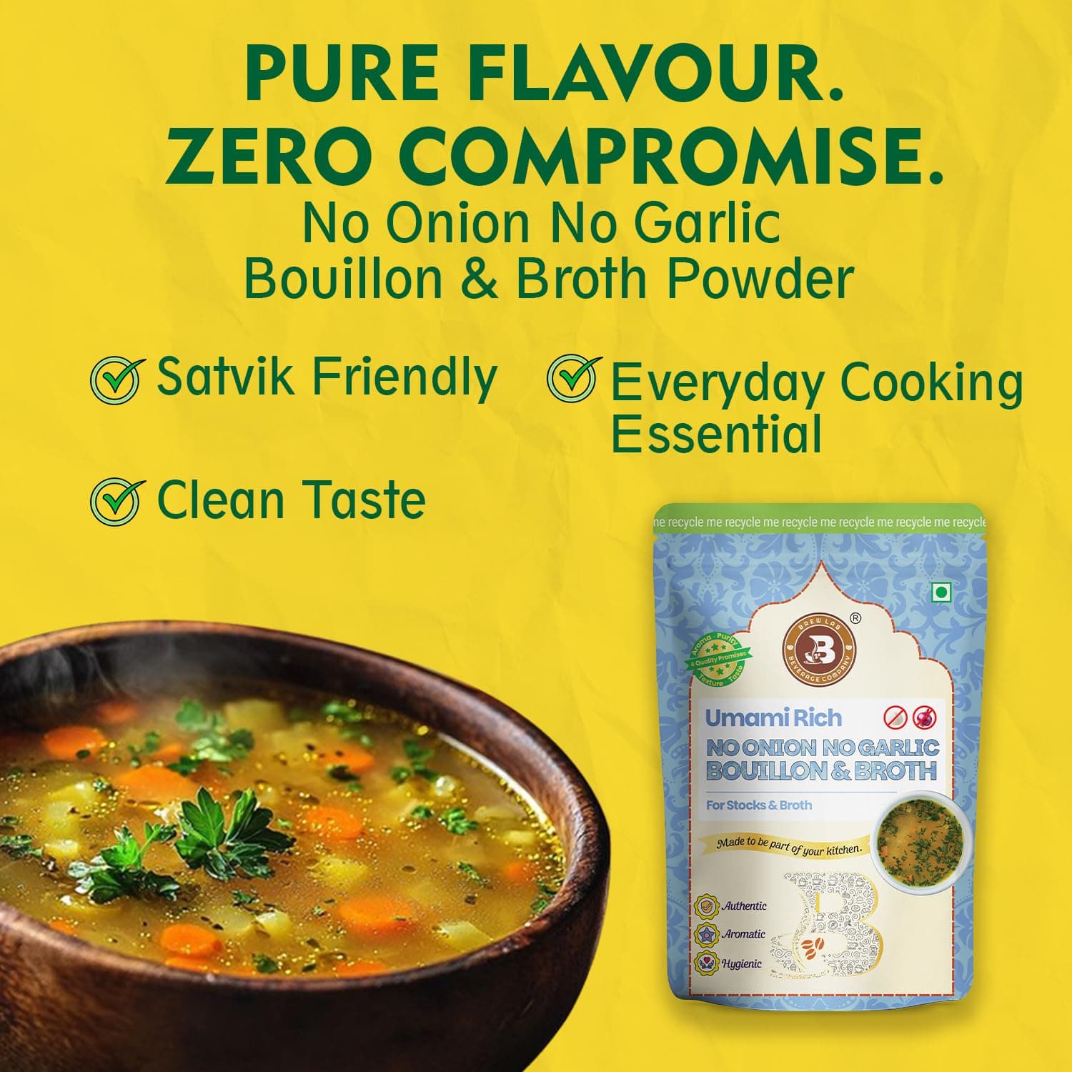 Brew Lab No Onion No Garlic Bouillon & Broth Powder, 500g, Instant Vegetable Stock, Plant-Based, Jain-Friendly, Umami Seasoning for Soups, Gravies & Cooking — image 3