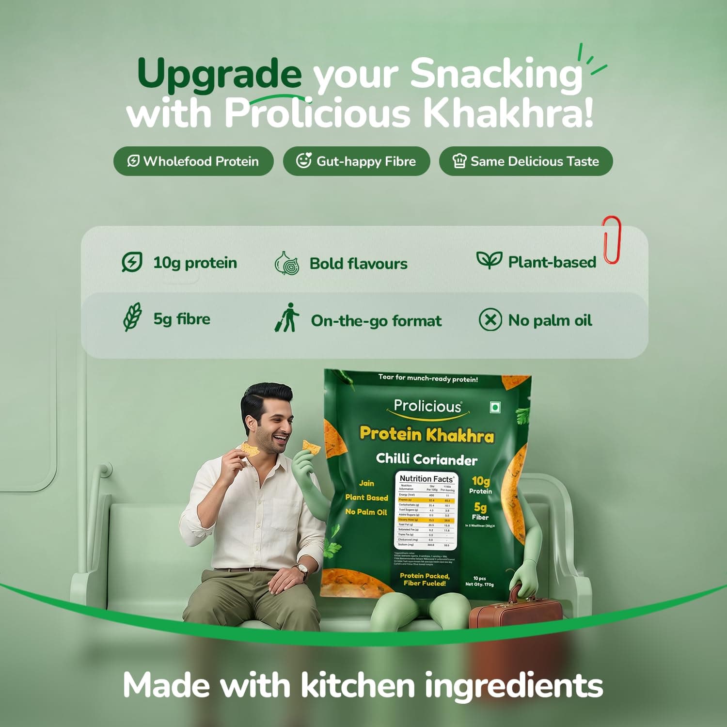 Prolicious Khakhra Chilli Coriander High Protein Khakhra | Upgrade Your Snacking | 10g Protein + 5g Fibre | Same Crunch, Snack Smarter | Plant Based, Jain | No Palm Oil | 170g (Pack of 3) — image 6
