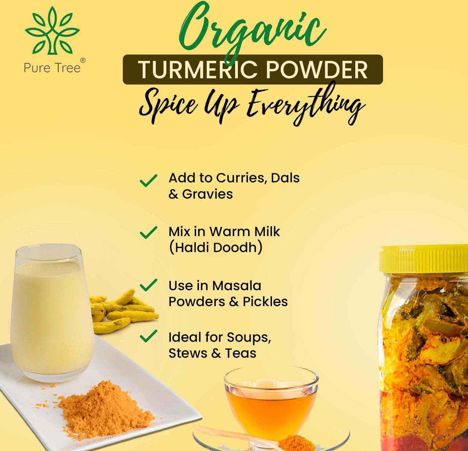Pure Tree Certified Organic Haldi Powder | 200 g | Glass Jar | Turmeric Powder | Spice Masala Powder Raw for Milk | Strong Antioxidant — image 5