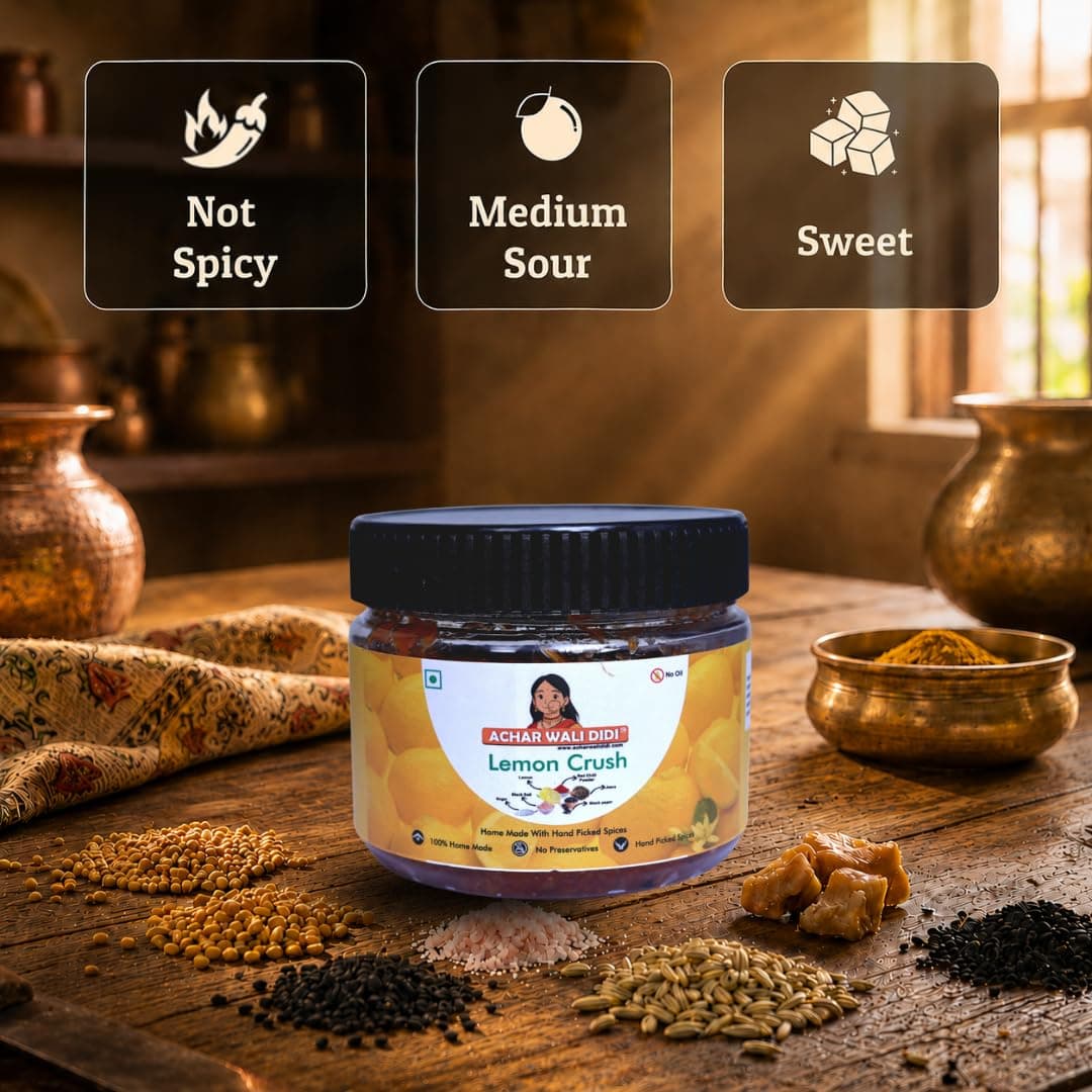 Achar Wali Didi Lemon Crush Pickle Khatta-Meetha in Fresh Homemade Oil-Free Nimbu ka Achar with No Onion or Garlic Traditional Lemon Chunda Style Sweet & Sour Pickle No Chemical Preservatives (300g) — image 4