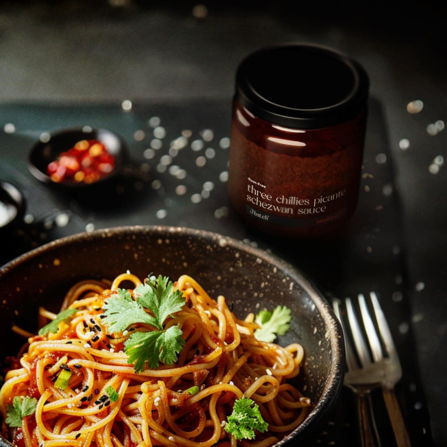 SMALLBATCH Root Free Three Chillies Picante Schezwan Sauce, Jain Friendly, No Onion No Garlic, Gourmet Condiment, Spread, Marinate, Saute, Stir-Fry, Dip, Chips, Paneer, Pizza, Tofu, Jbatch - 180gms — image 4