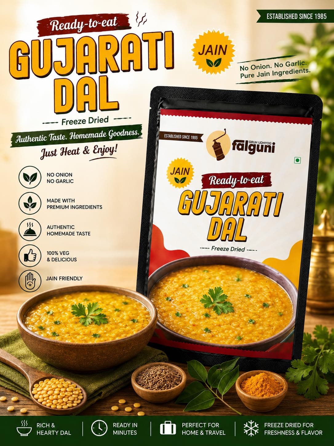 Falguni Gruh Udhyog (FGU) Jain Gujarati Dal Ready To Eat 60G | Sweet & Spicy Lentil Curry | Heat & Eat Traditional Gujarati Meal | Suitable with Rice, Khichdi & Roti — image 3