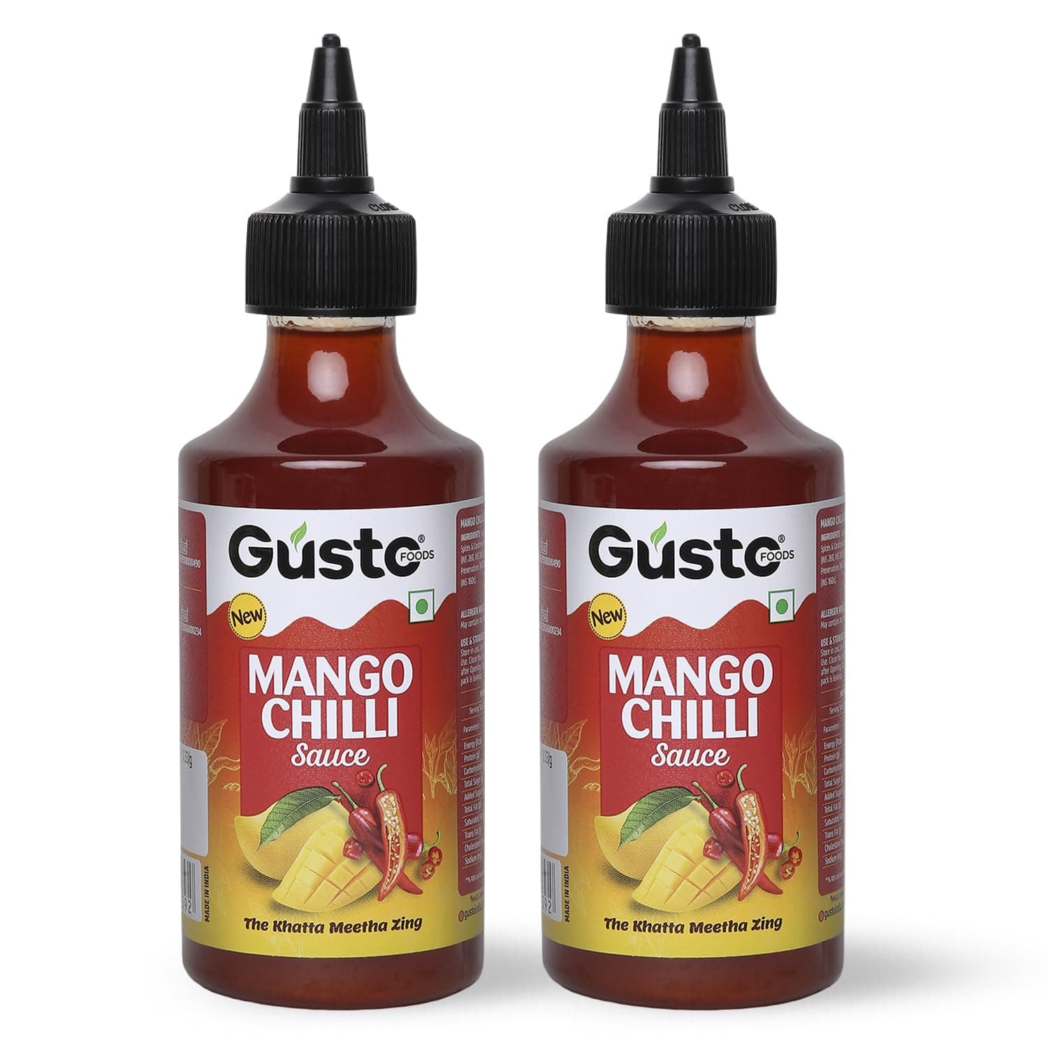 Gusto Foods Mango Chilli Sauce 480gm (Pack of 2) | Sweet and Sour Mango Sauce | Aam Chutney | Khatta Meetha Pickled | Blend of Ripe Mangoes & Red Chillies | Salad Dressing, Dipping Sauce & Seasoning