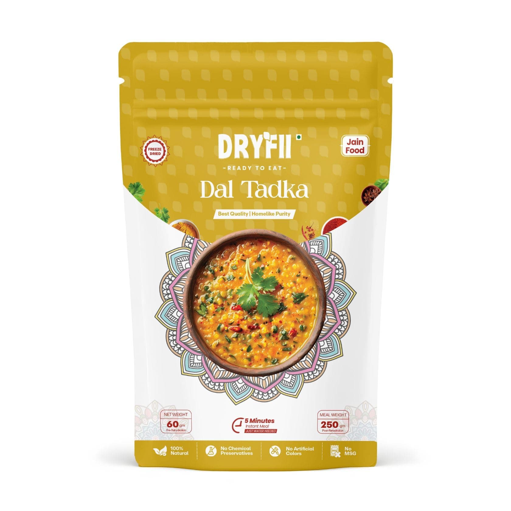 Dryfii Jain Dal Tadka | Ready-to-Eat-Food | No Onion No Garlic | Freeze Dried | Dehydrated Weight 60 g | Rehydrated Weight 250 g