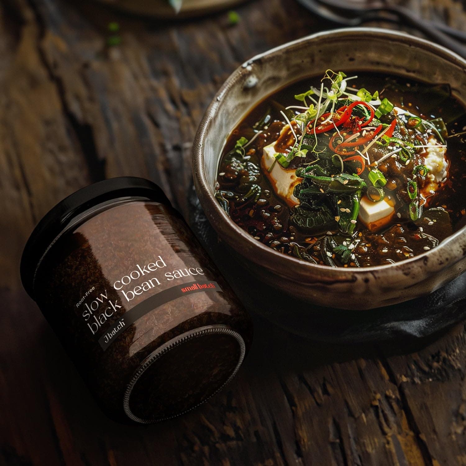 SMALLBATCH Root Free Slow Cooked Black Bean Sauce, Jain Friendly, No Onion No Garlic, Gourmet Condiment, Spread, Marinate, Saute, Stir-Fry, Dip, Tofu, Jbatch - 180gms — image 4