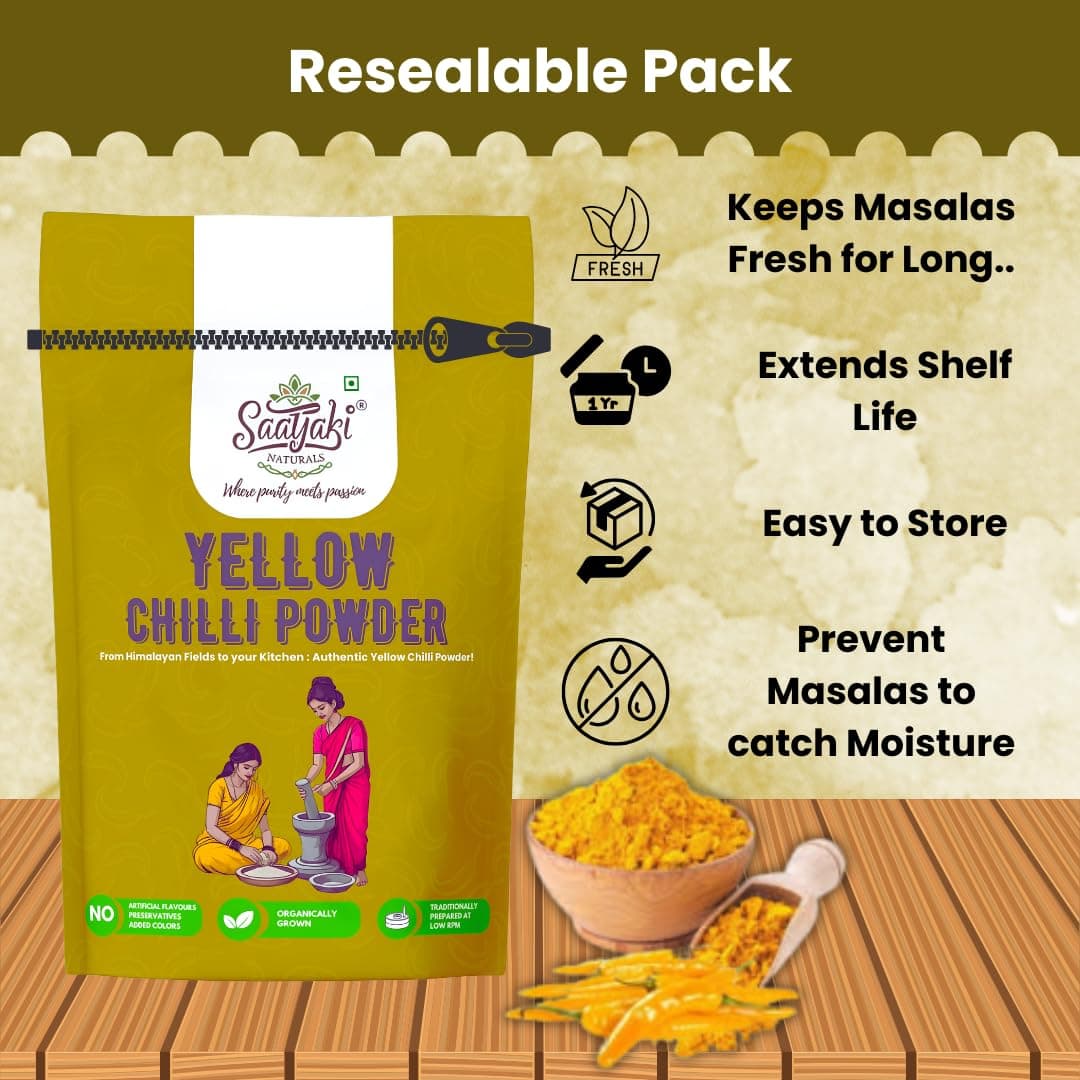 Saatyaki Naturals Organic Himalayan Yellow Chilli Powder - 100gm | Pure, Freshly Grounded Spice for Cooking, Non-GMO, Gluten-Free – Perfect for Curries, Marinades, and Seasoning — image 3