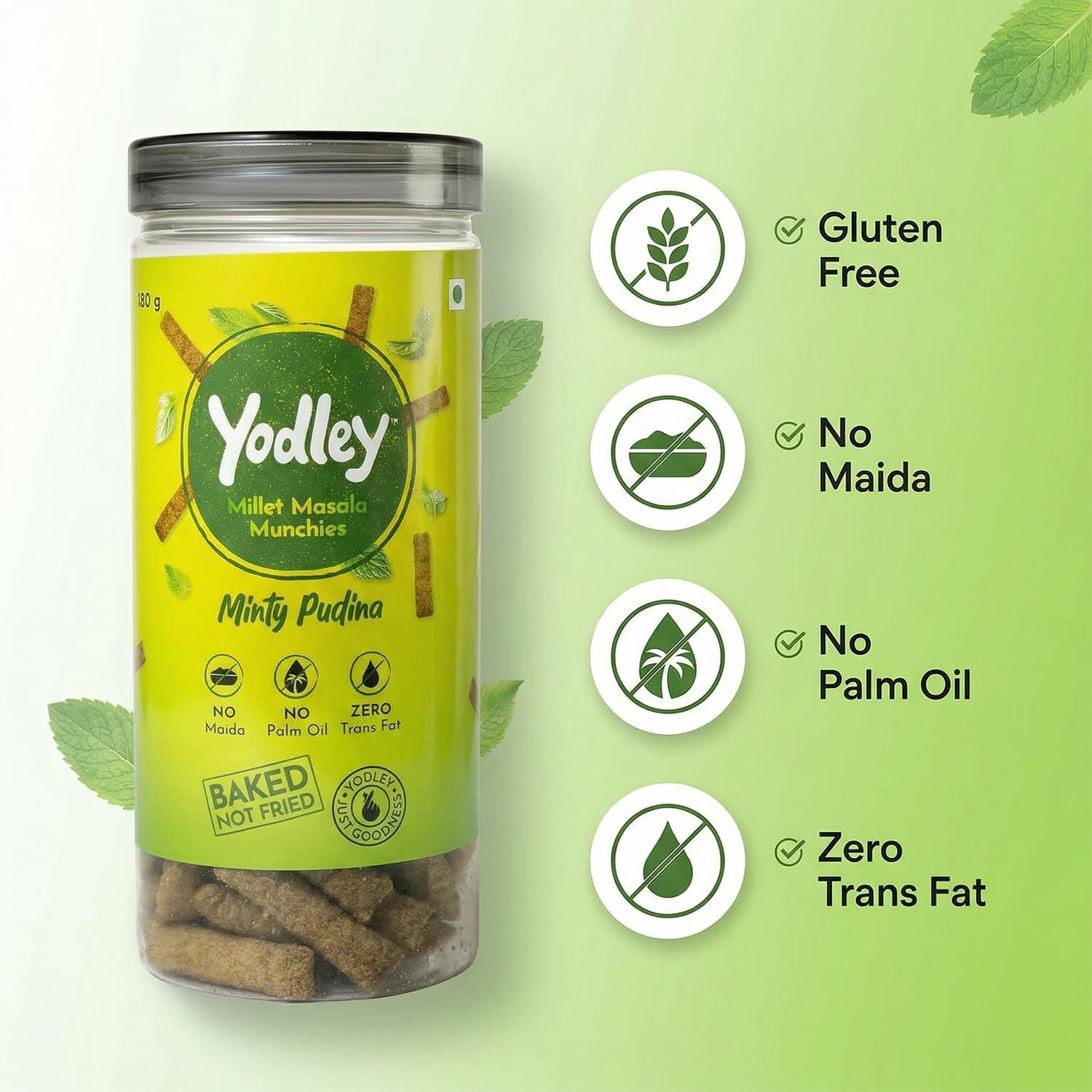 Yodley Millet Masala Munchies - Minty Pudina Flavour - Pack Of 2 | Baked, Not Fried | No Maida, No Palm Oil | Zero Cholesterol | Zero Trans Fat & High In Fiber | Calcium & Iron Rich | Healthy Indian Snack - 150gm — image 5