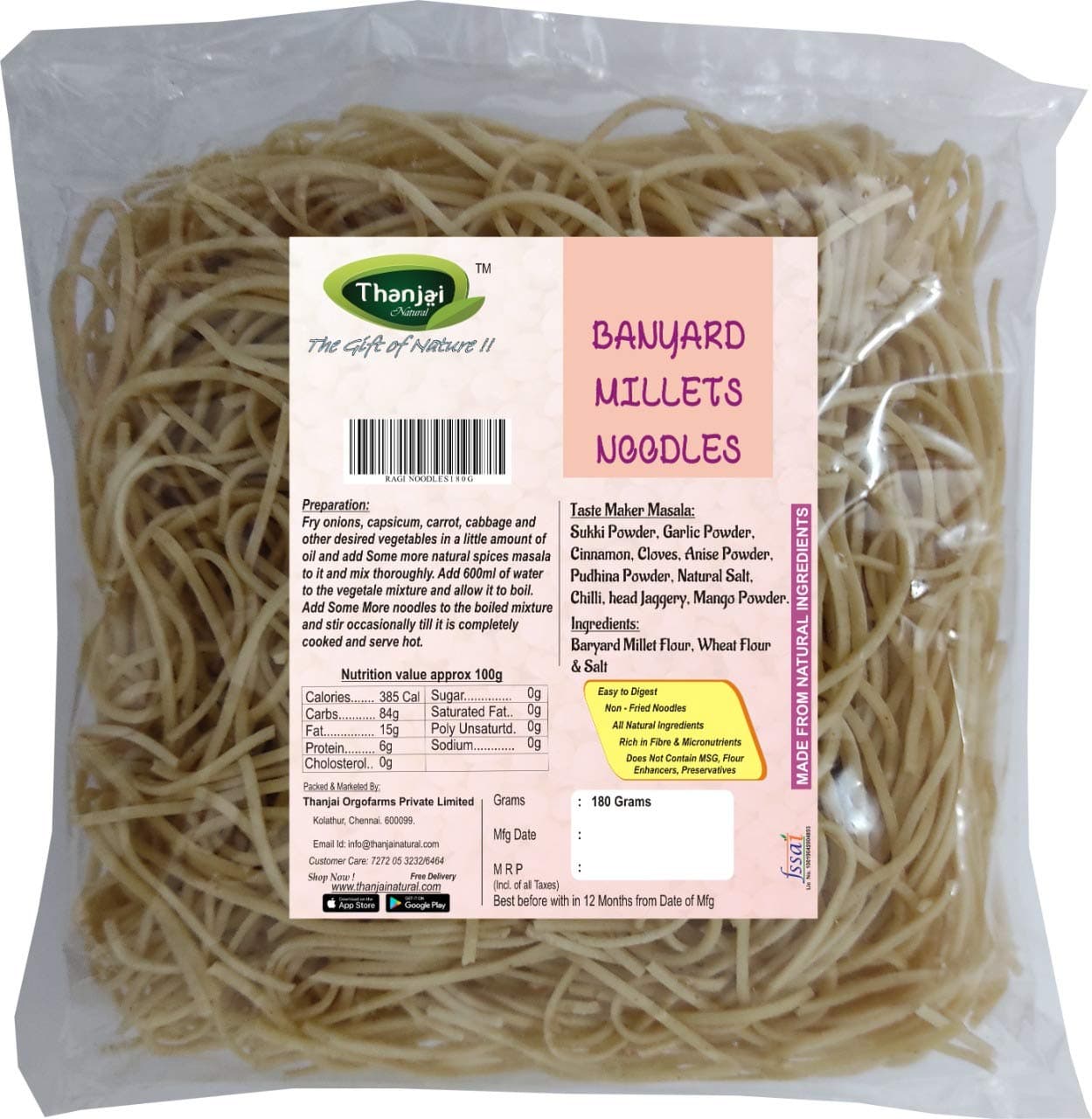 Thanjai Natural Barnyard Millet Noodles 180 Grams X 20 (3600 Grams) of Homemade Natural Millet Noodles( No Preservatives, No Chemicals, No Artificial Extract) — image 2