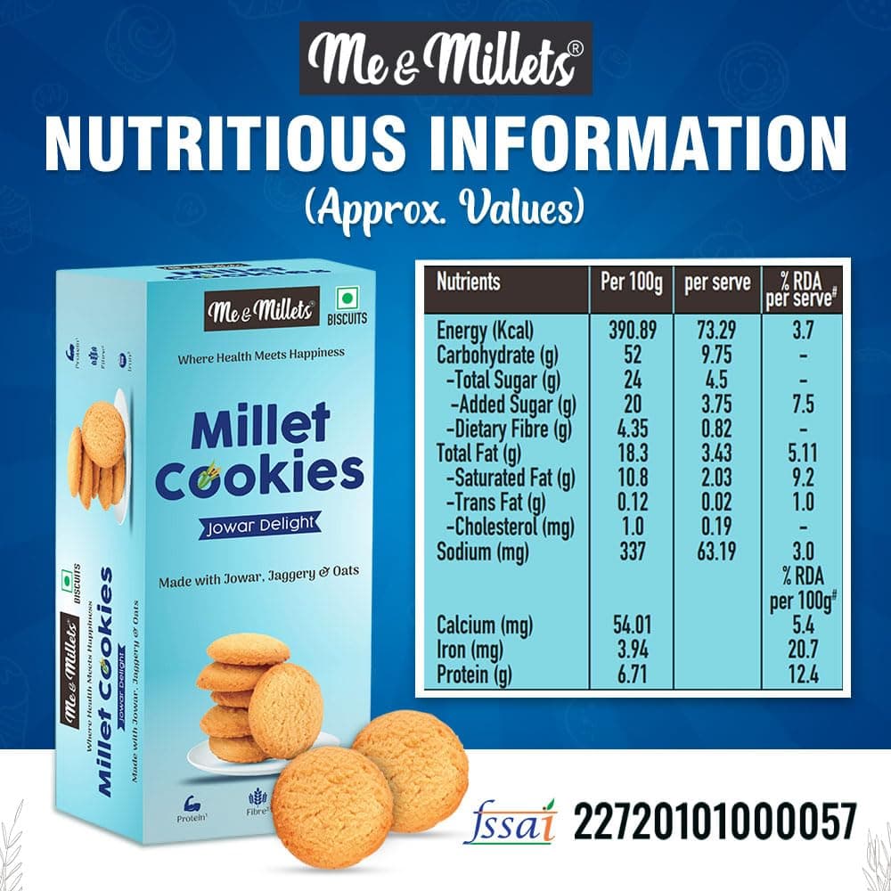 ME & MILLETS Cookies Jowar Delight (75g X 3) - Delicious Millets Biscuits, Rich In Fiber & Protein, Healthy Tea Snack (Jain Friendly) — image 3