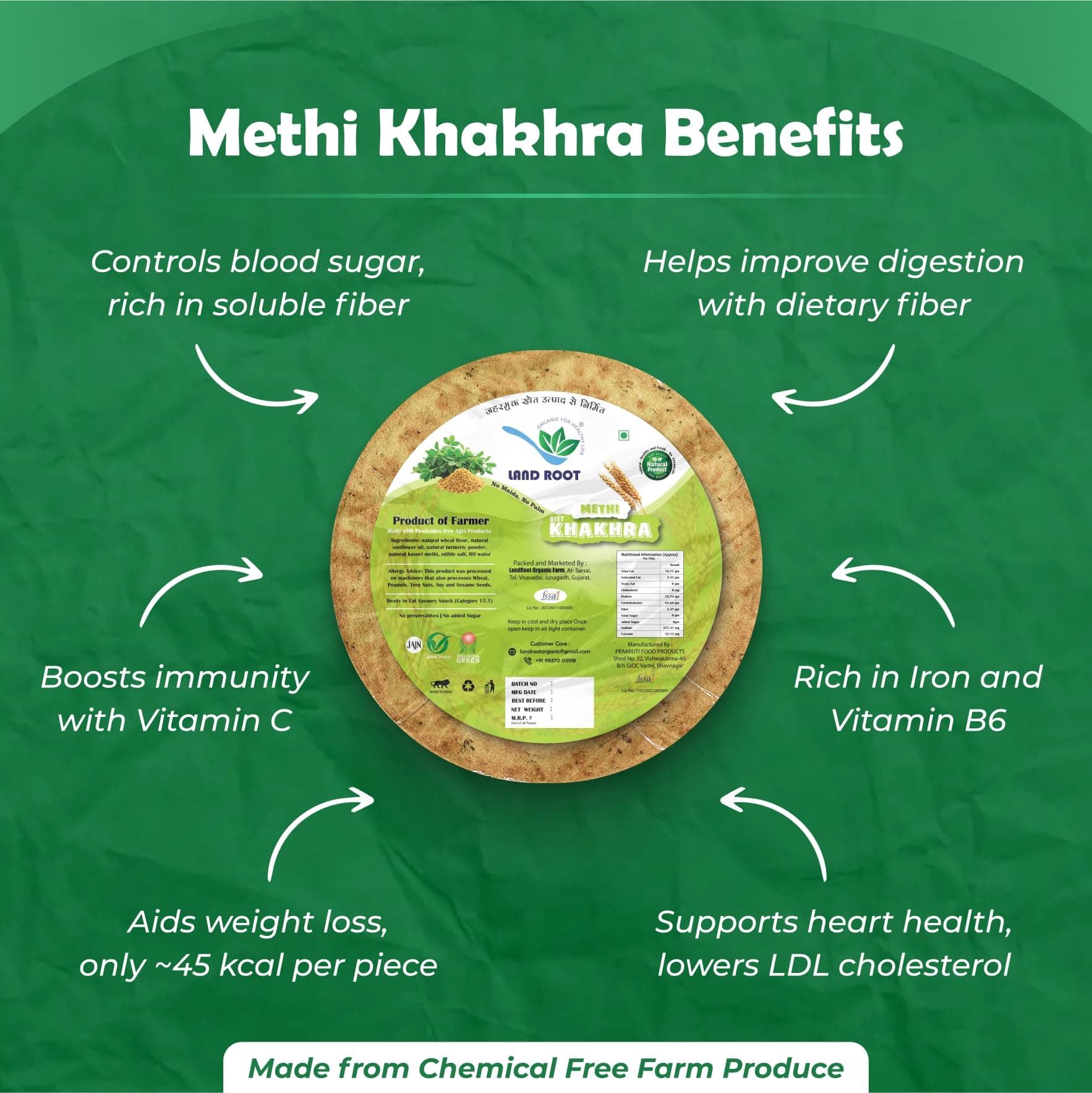 Landroot Organic Assorted Khakhra Pack | 4 Varieties (Methi, Ginger Chilli, Mangroli) | Zero Maida | Vegan & Jain Friendly | High Fiber Healthy Snack | 180g x 3 Packs — image 5
