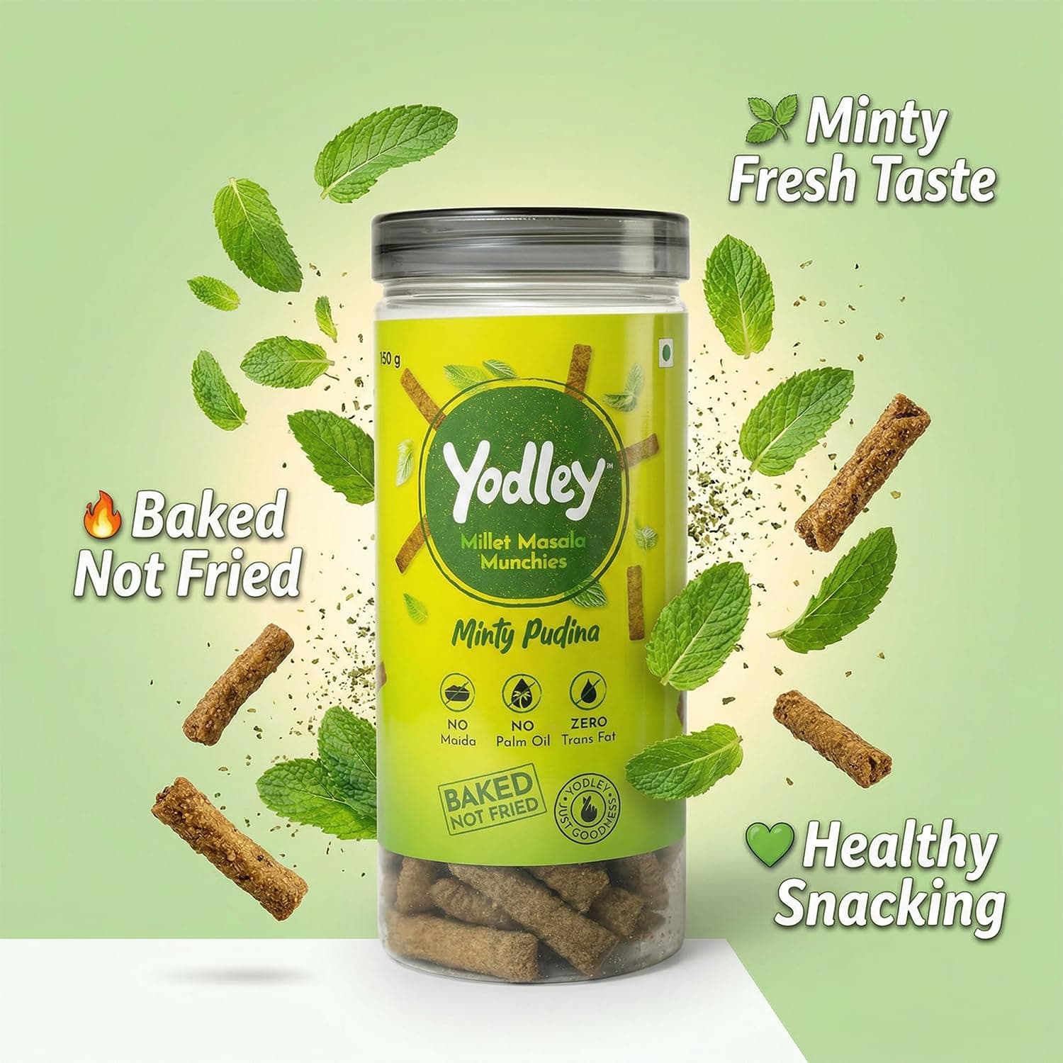 Yodley Millet Masala Munchies - Minty Pudina Flavour - Pack Of 2 | Baked, Not Fried | No Maida, No Palm Oil | Zero Cholesterol | Zero Trans Fat & High In Fiber | Calcium & Iron Rich | Healthy Indian Snack - 150gm — image 2