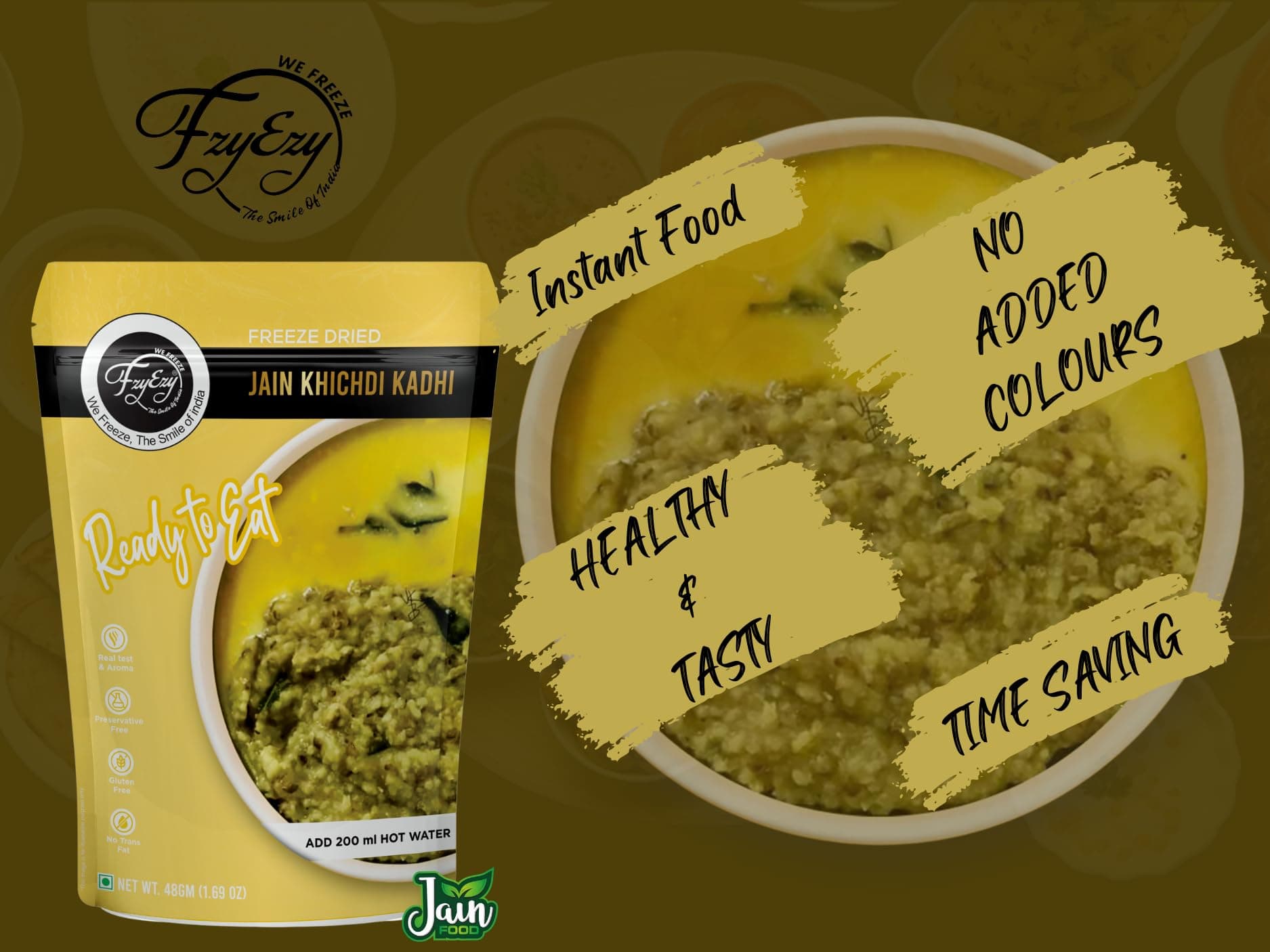 FzyEzy Freeze-Dried Jain Kadhi Khichdi | Instant Ready-to-Eat Meal | Pure Vegetarian | No Onion, No Garlic | Gluten-Free & Preservative-Free | Just Add Hot Water (48g) — image 5