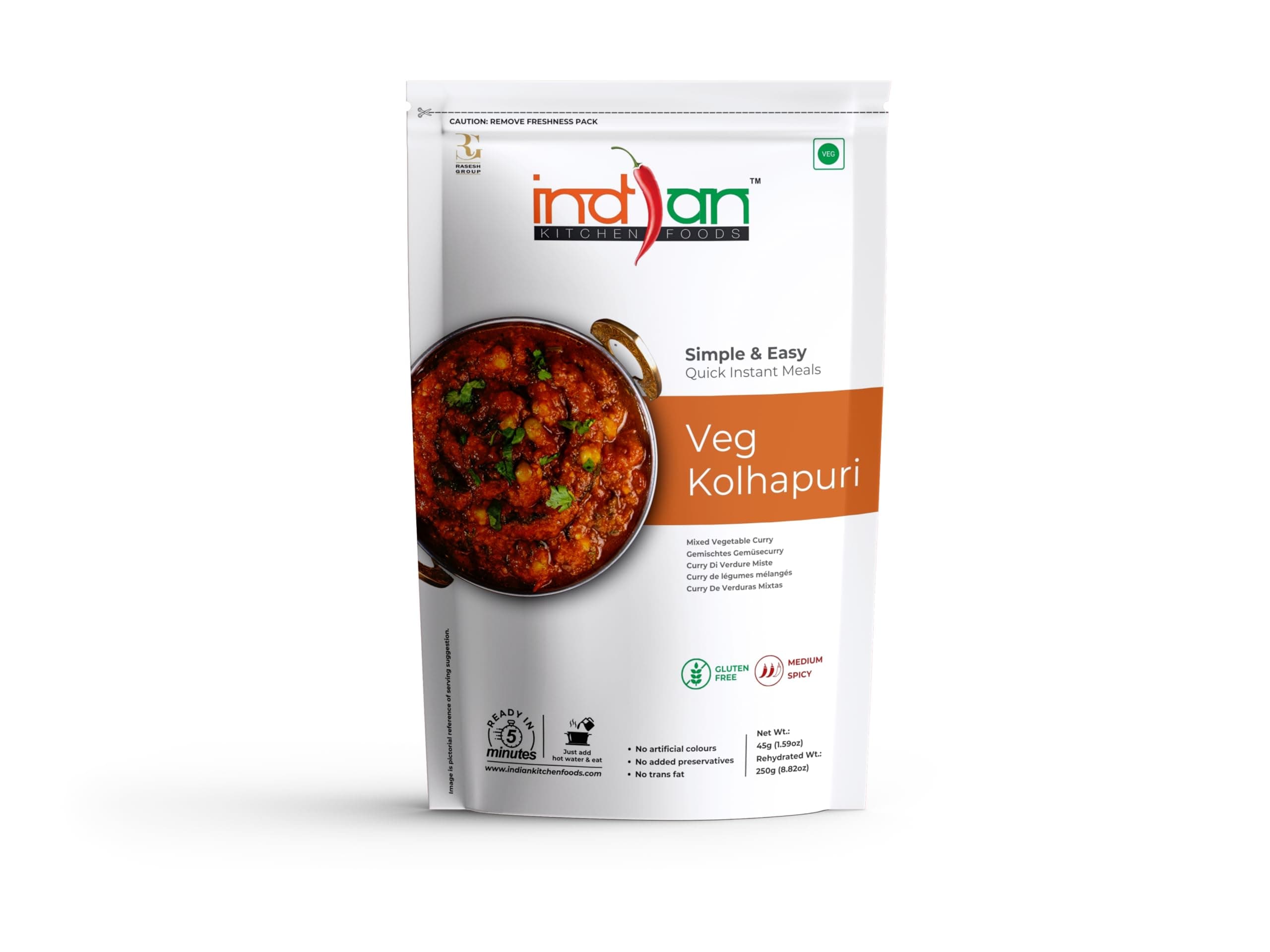Indian Kitchen Foods Jain Veg. Kolhapuri |Freeze Dried Gluten-Free Ready to Eat Instant Vegetarian Meal - Rehydrated Wt. 260 gm