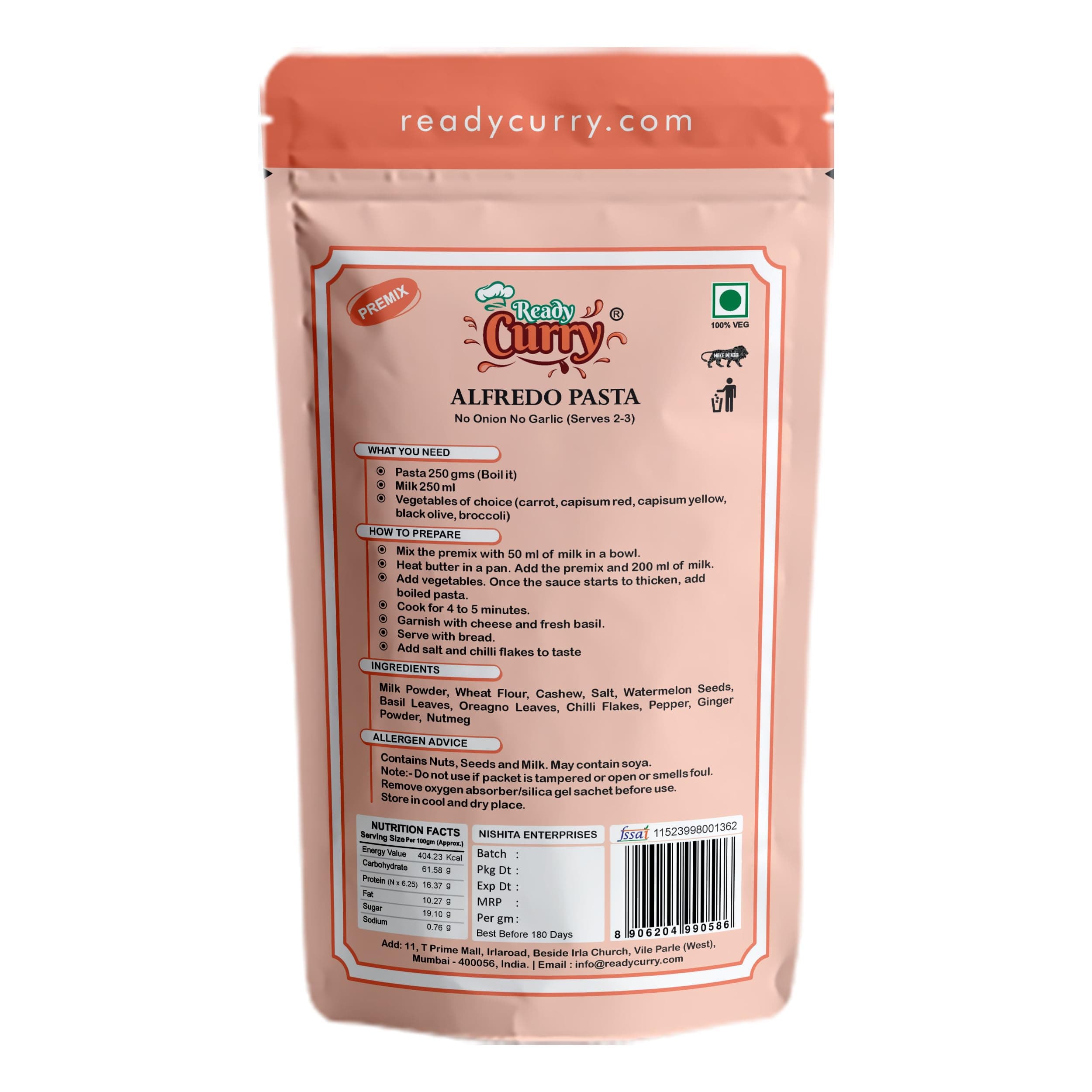 ReadyCurry | Alfredo Pasta | Jain | No Onion No Garlic| Spice Mix | Gravy Masala | Ready to cook in 10 minutes| Home style taste |No Dehydrated | No Freeze Dry |No Artificial Colours or Flavours or Preservatives| 70g (Pack of 6) — image 3