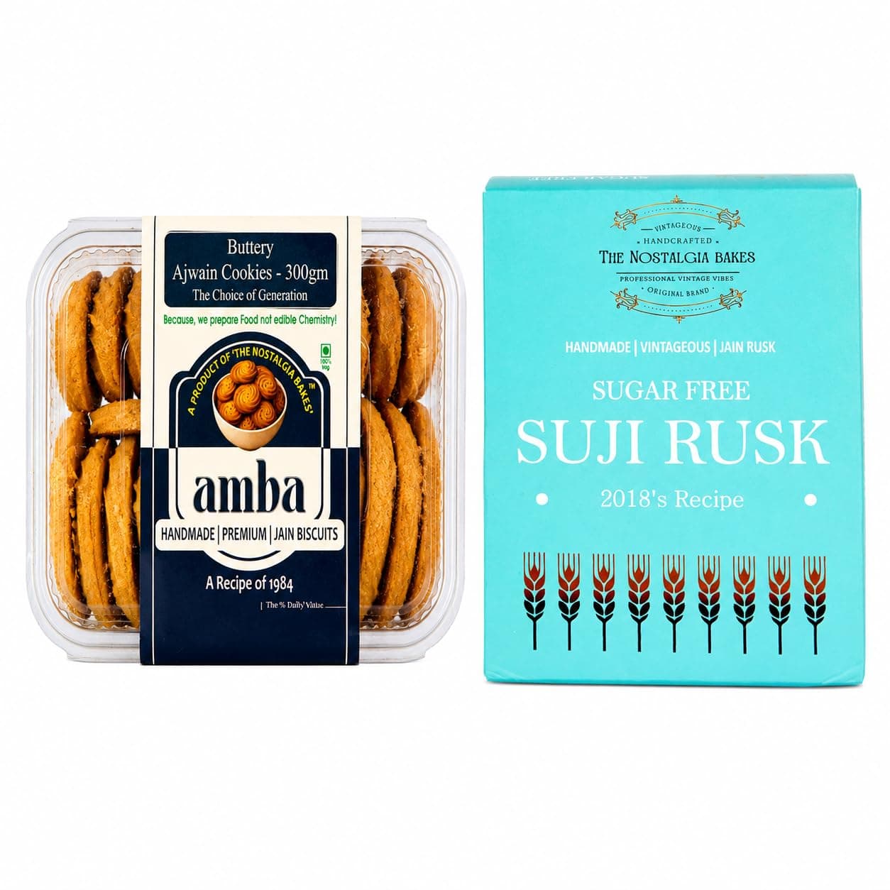 Amba Sugar Free Suji Rusk & Buttery Ajwain Cookies Combo Pack | Handmade Premium Jain Biscuits & Rusk | Crispy Tea Time Snacks | Traditional Bakery Taste | No Palm Oil | Perfect with Tea & Coffee — image 2