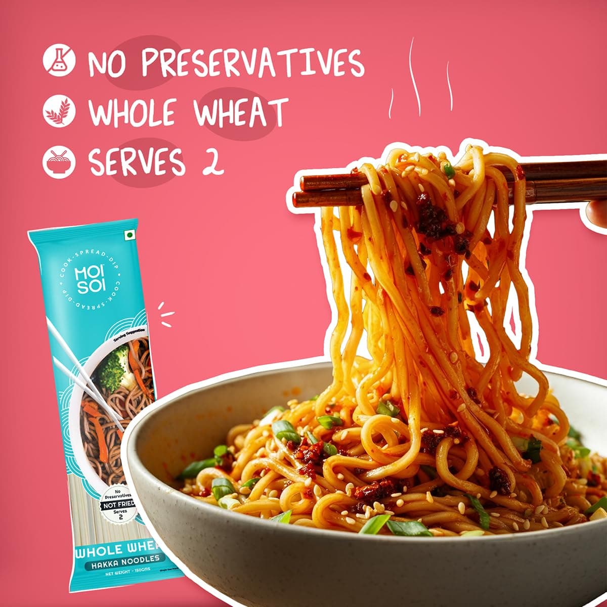 MOI SOI Whole Wheat Hakka Noodles, 150g (No Maida | Not Fried | No Preservatives or MSG) — image 2