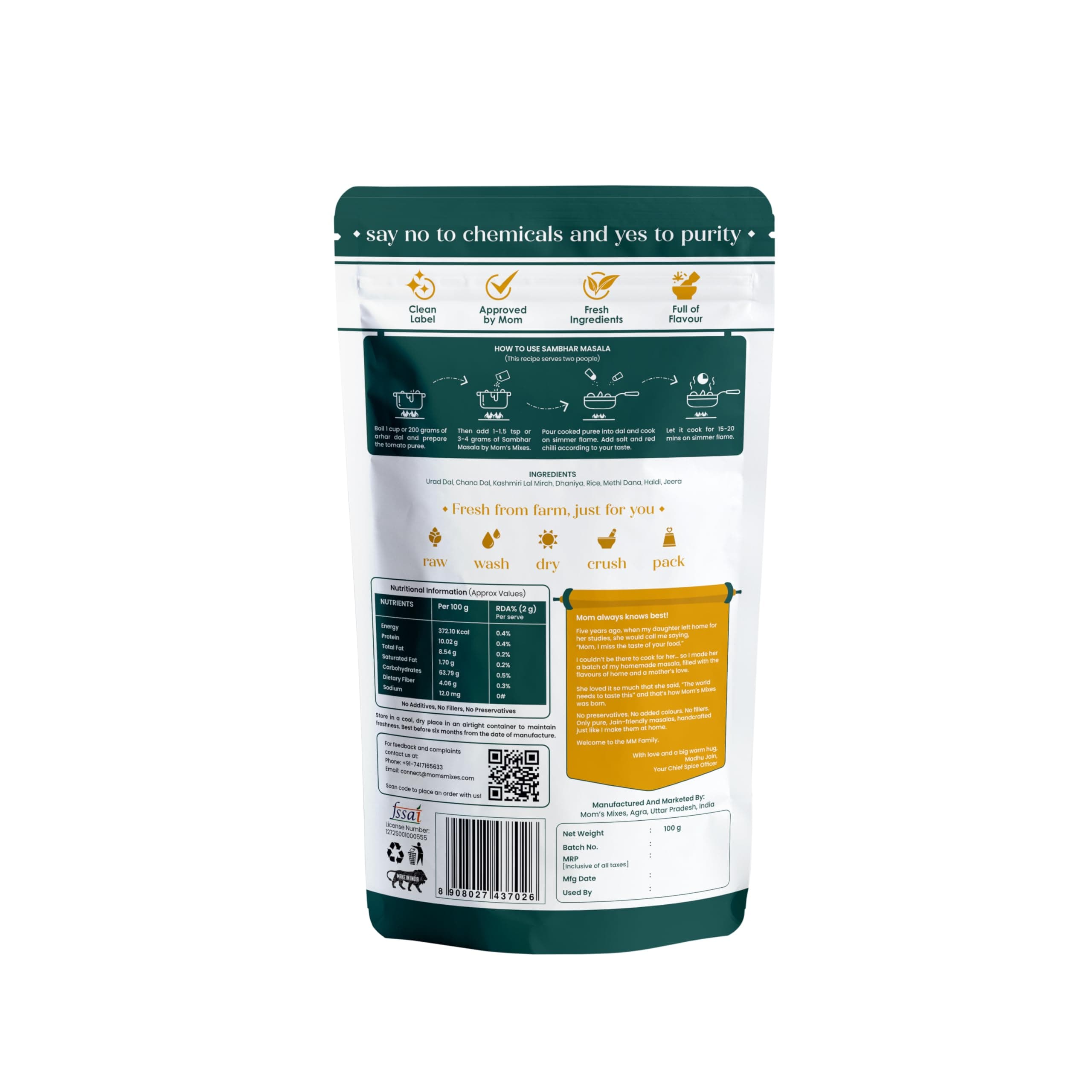 Mom’s Mixes Sambhar Masala (Sambhar Powder) | Pre-Mix Masala | No Onion No Garlic (Jain Friendly) | Authentic South Indian Taste | No Preservatives | 200g — image 9