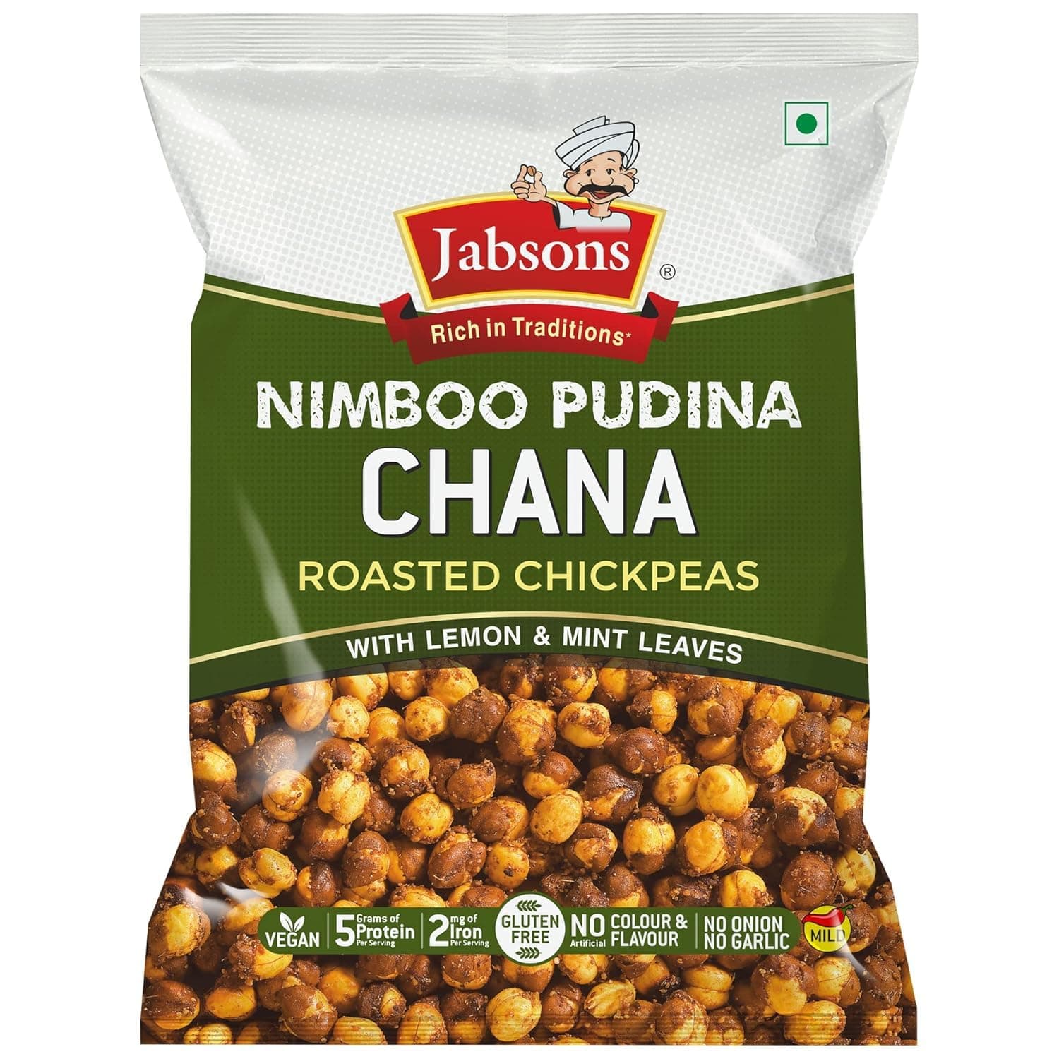 Jabsons Roasted Chana Nimboo Pudina Flavour - 150gm With No Onion & Garlic | Desi Roasted Namkeen Snacks| Gluten-Free Crunchy Protein Snack | Nimbu Pudina Bhuna Chana - Ready to Eat