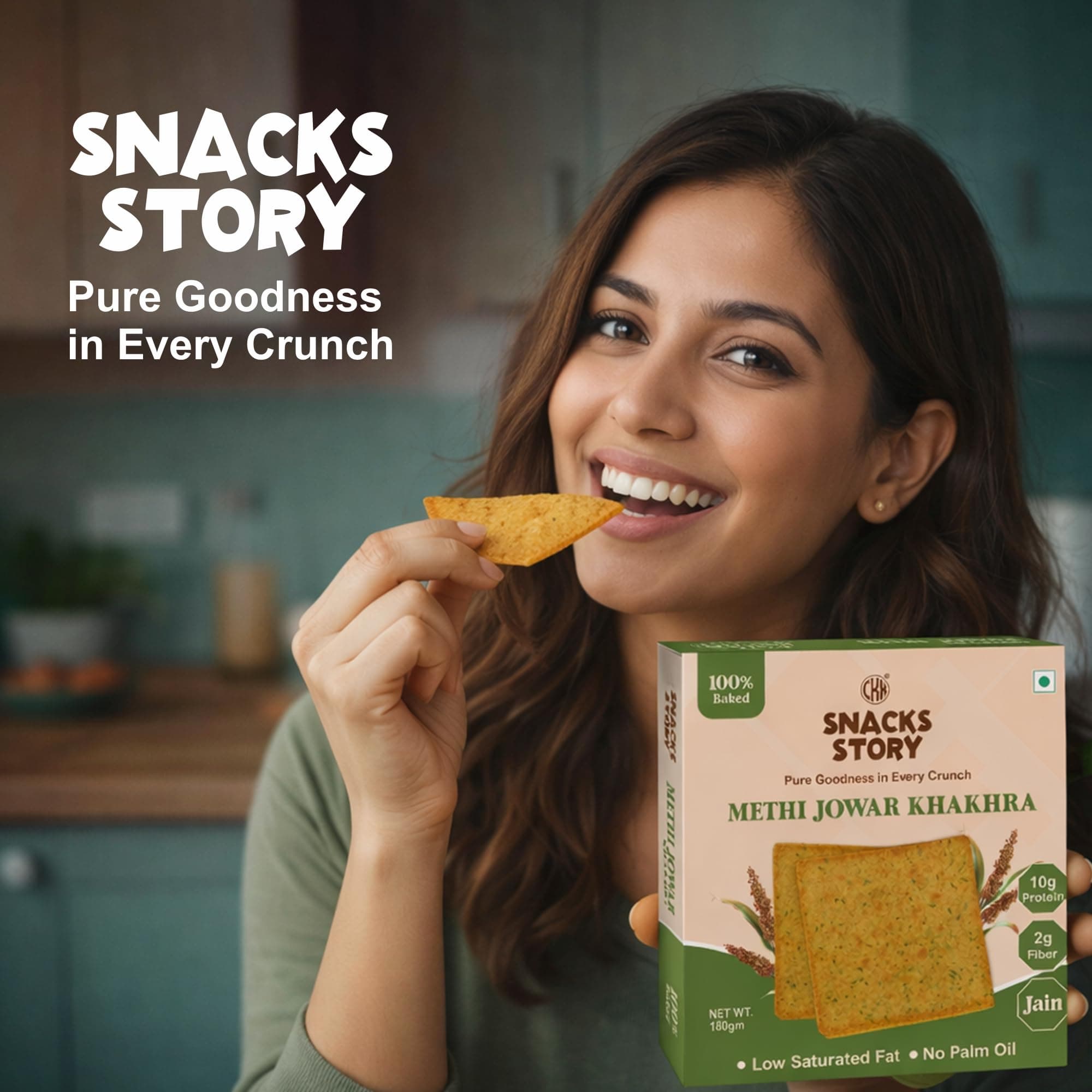 CKK Snacks Story Methi Jowar Khakhra | 100% Baked | High Fiber | No Palm Oil | Healthy & Crispy Snack | Jain Friendly | (Pack of 4 x 180g) — image 8