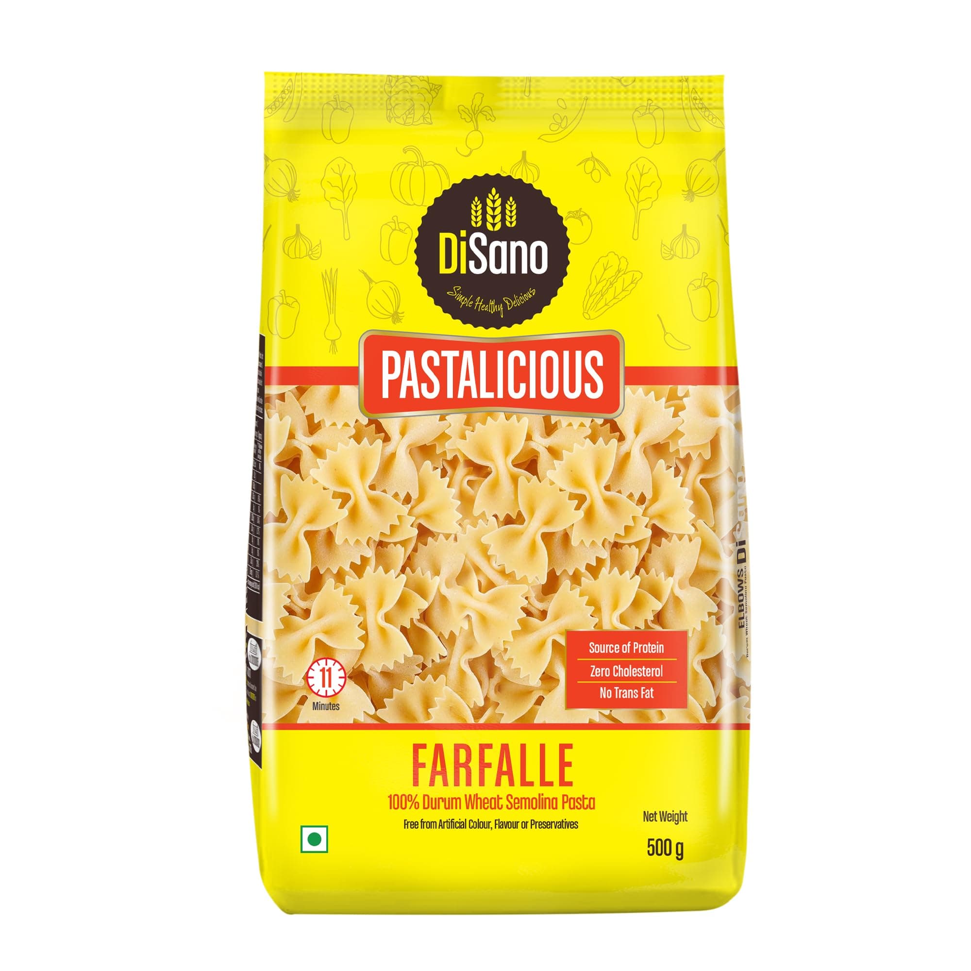 DiSano Farfalle Pasta 500g, Healthy Pasta, Made with 100% Durum Wheat Semolina, 100% Suji, No Maida, Source of Protein & Fibre, Non-Sticky