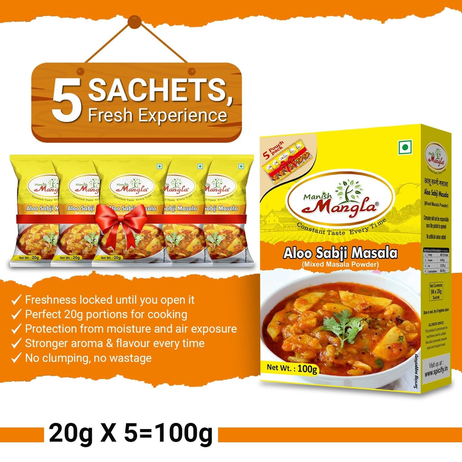 Manish Mangla Aloo Sabji Masala 100g | No Onion No Garlic Spice Mix | Authentic Indian Taste | Perfect for Potato Curries & Veg Dishes | Premium Quality Masala — image 3