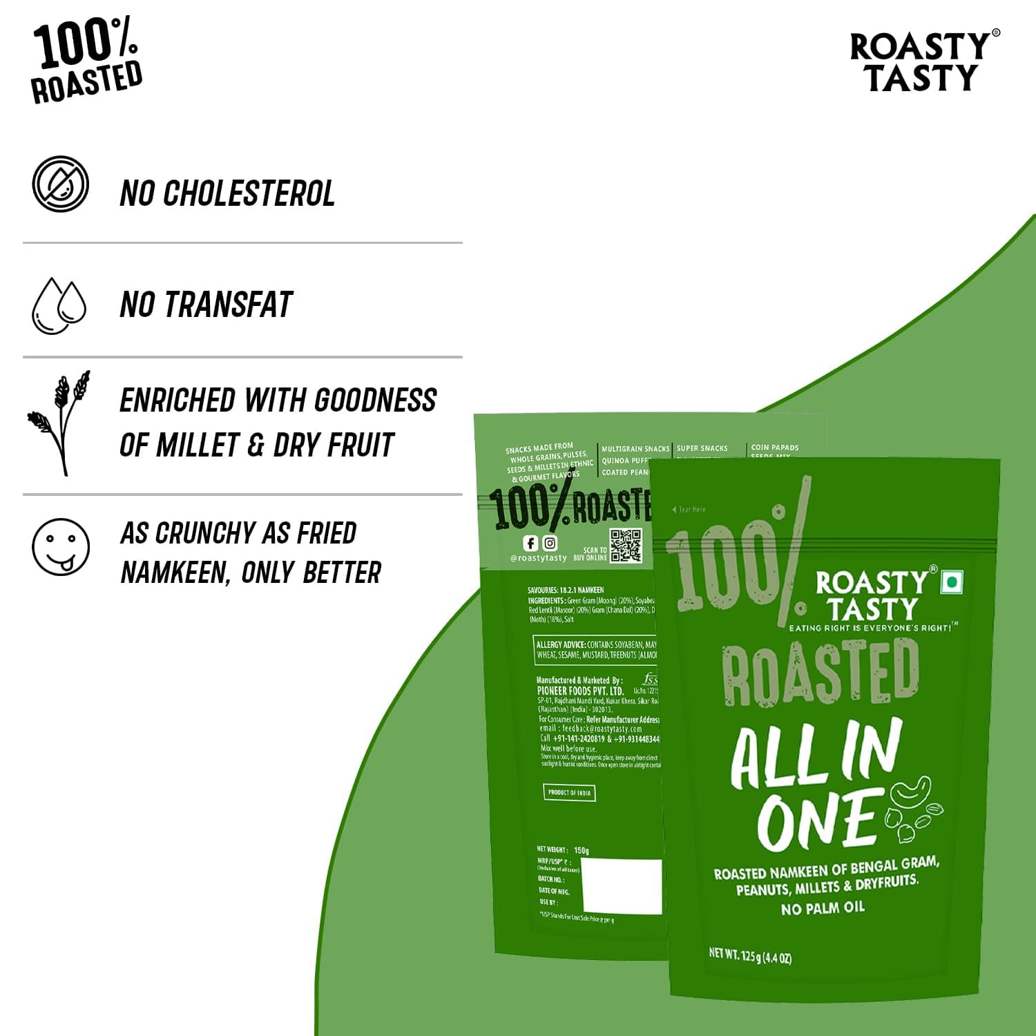 Roasty Tasty All in One | No Onion No Garlic Roasted Namkeen Mix | Healthy Indian Snack with Peanuts, Millets, Dry Fruits | All in1 Mixture Non Fried | 125g x 3 Packs | Millet Namkeen for Diet — image 3