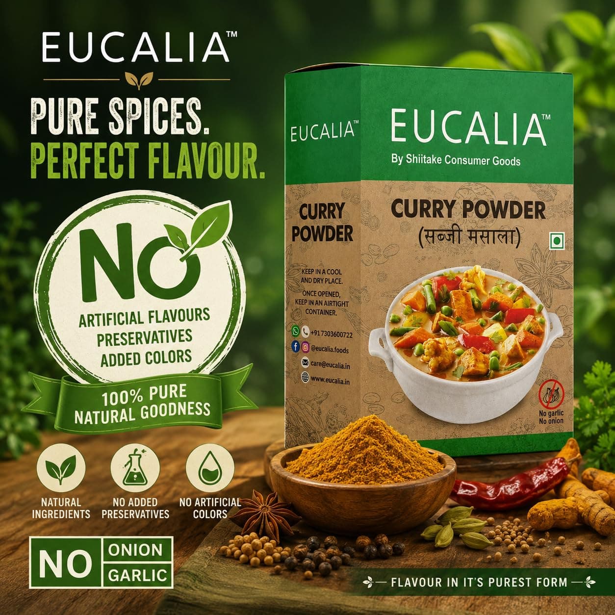 EUCALIA Sattvik (No Onion - No Garlic) Curry Powder (Sabji Masala) Pack of 3 (100g) | Bold & Aromatic Spice Blend | Vibrant Colour | No Added Colours or Preservatives | Perfect for Vegetarian Dishes & Everyday Cooking | Sattvik No Onion No Garlic (NONG) | Total 300g — image 4