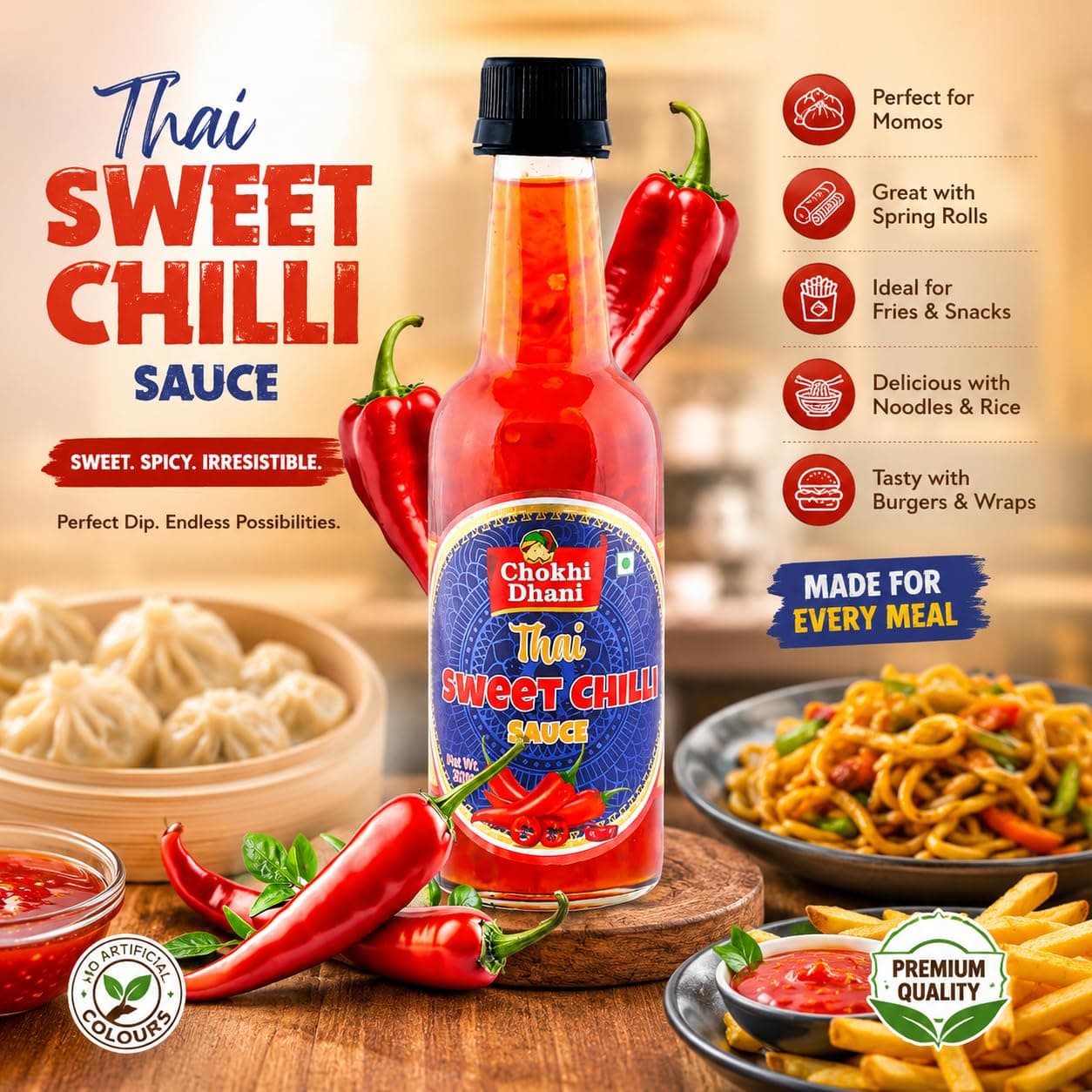 Chokhi Dhani Thai Sweet Chilli Sauce 250g | Sweet & Spicy Dipping Sauce | Perfect for Momos, Spring Rolls, Fries, Noodles & Burgers | Asian Sauce Dimsums, Sushi, Wraps & Rolls, Thai Rice Bowls, Bao Buns, Fried Rice | Sweet Chilli Dip — image 2