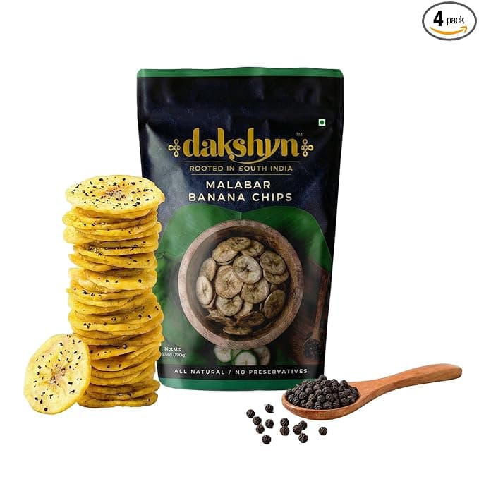 Dakshyn Malabar Salt n Pepper Banana Wafer Chips with Rock Salt (200g x Pack of 4) | Jain Snacks For Fasting Upvas | Oil Free Snacks | Healthy, Gluten Free, Vegan, Plant Based | Falahari Snack